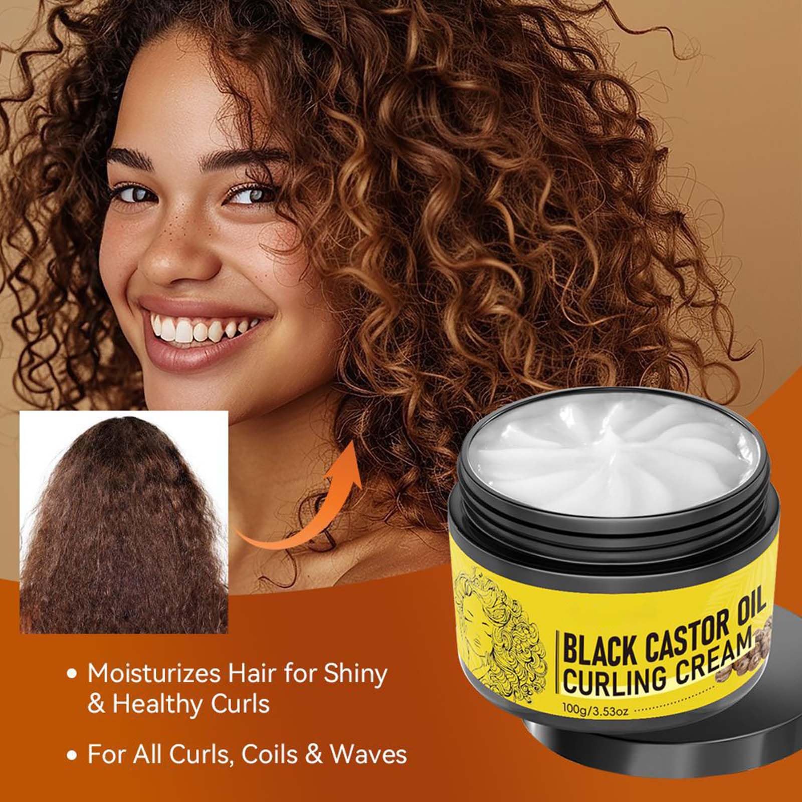 Black Castor Oil Curling Cream Curl Defining Cream Non-stick Hydrates Nourishes & Eliminates Frizzy Hair Curl Enhancer & Frizz Control for Curly Hair 100g - Image 2