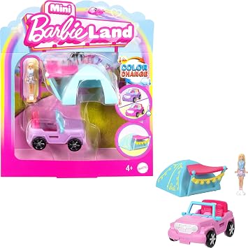 مجموعات لعب Barbie Mini BarbieLand مع مركبة ألعاب ودمية مقاس 1.5 بوصة وسيارة دفع رباعي مع مفاجأة تغيير اللون وملحق للخيام