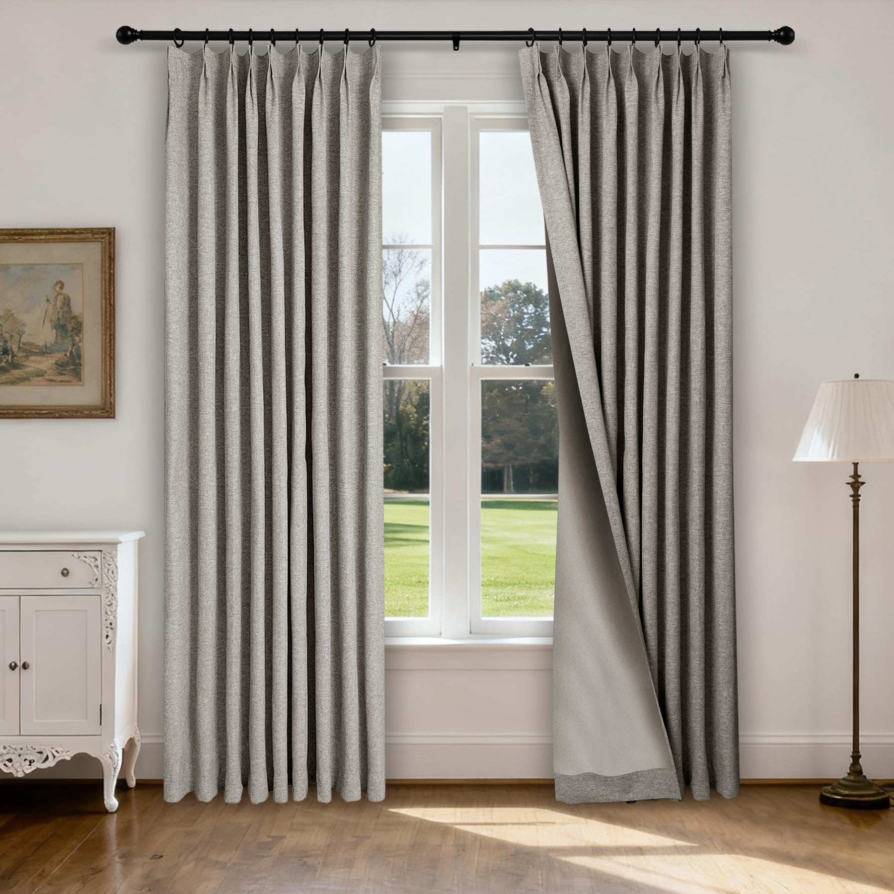 Cortinas plisadas de lino suave de lujo, opacidad total para ventanales de patio