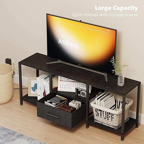 Miniatura 5 de Soporte de TV con luces LED, centro de entretenimiento con estantes abiertos y cajón de tela, consola multimedia para TV de 55 pulgadas, soportes de
