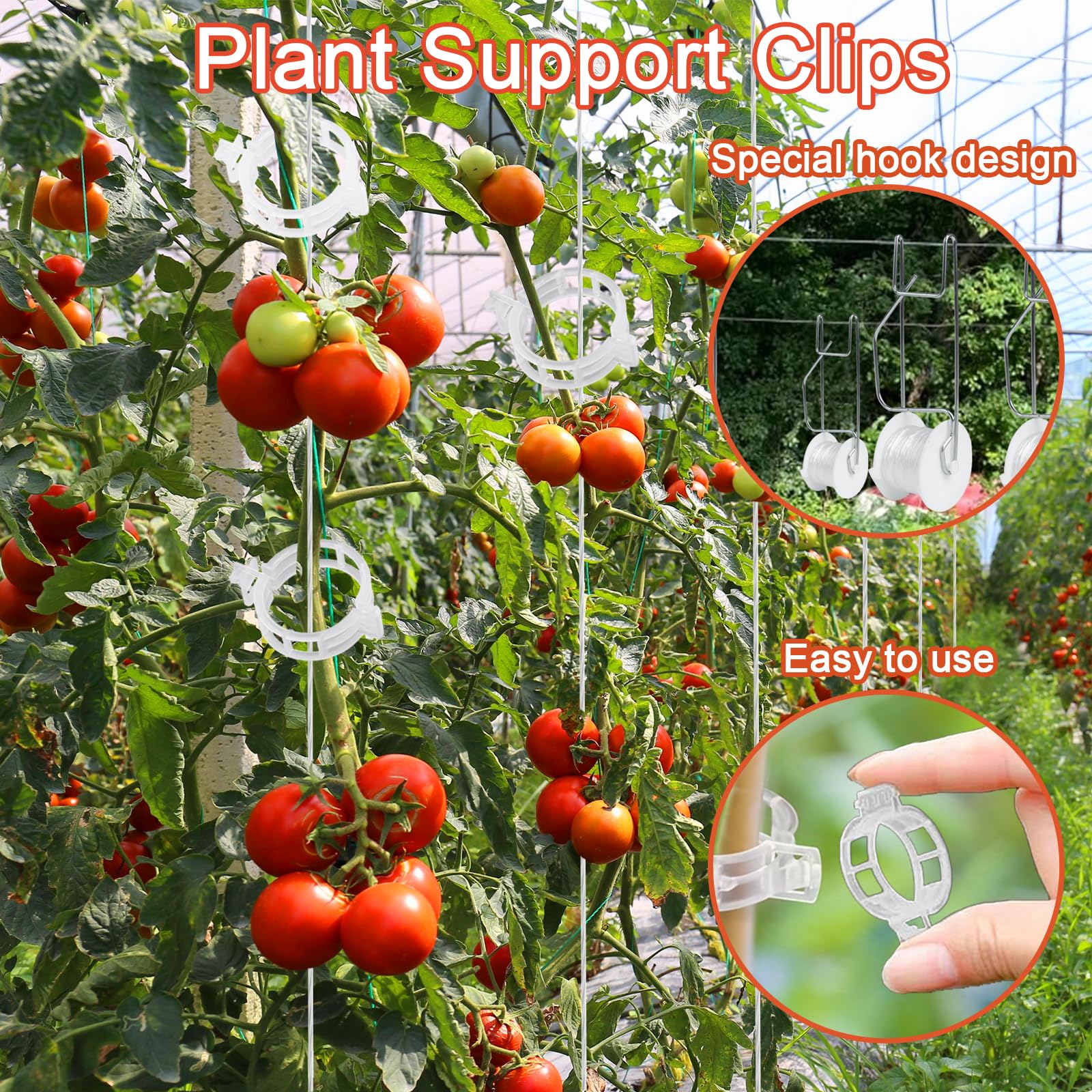 Tomatenstützhaken mit Schnur, 20 Stück, 100 Stück Pflanzenstützklammern für Kletterpflanzen, Tomaten-Rankgitter-Rollenhaken mit 120 m Schnur, wiederverwendbare Weinreben-Clips zur Vermeidung von