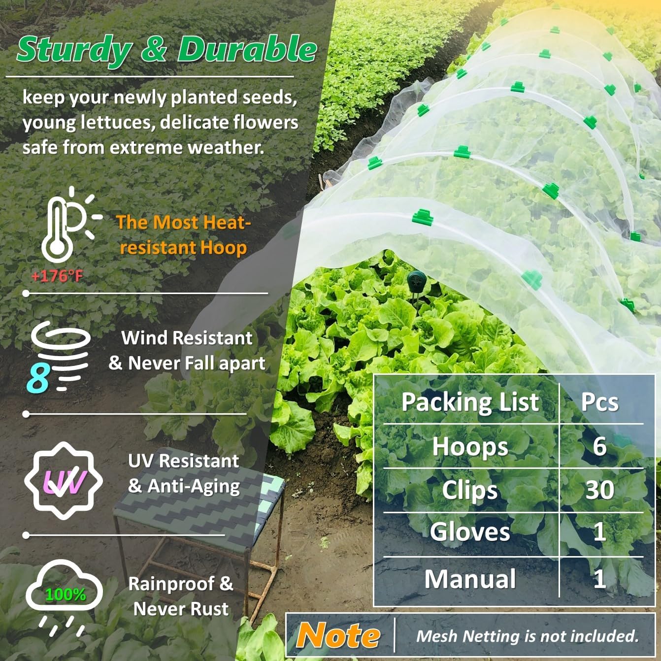 Greenhouse Hoops for 2-4ft Wide Raised Beds, 6.56ft Long Super Bendable Fiberglass Garden Hoops, Weather Resistant Grow Tunnel Support Frame for Plant Row Cover, 6 Pcs