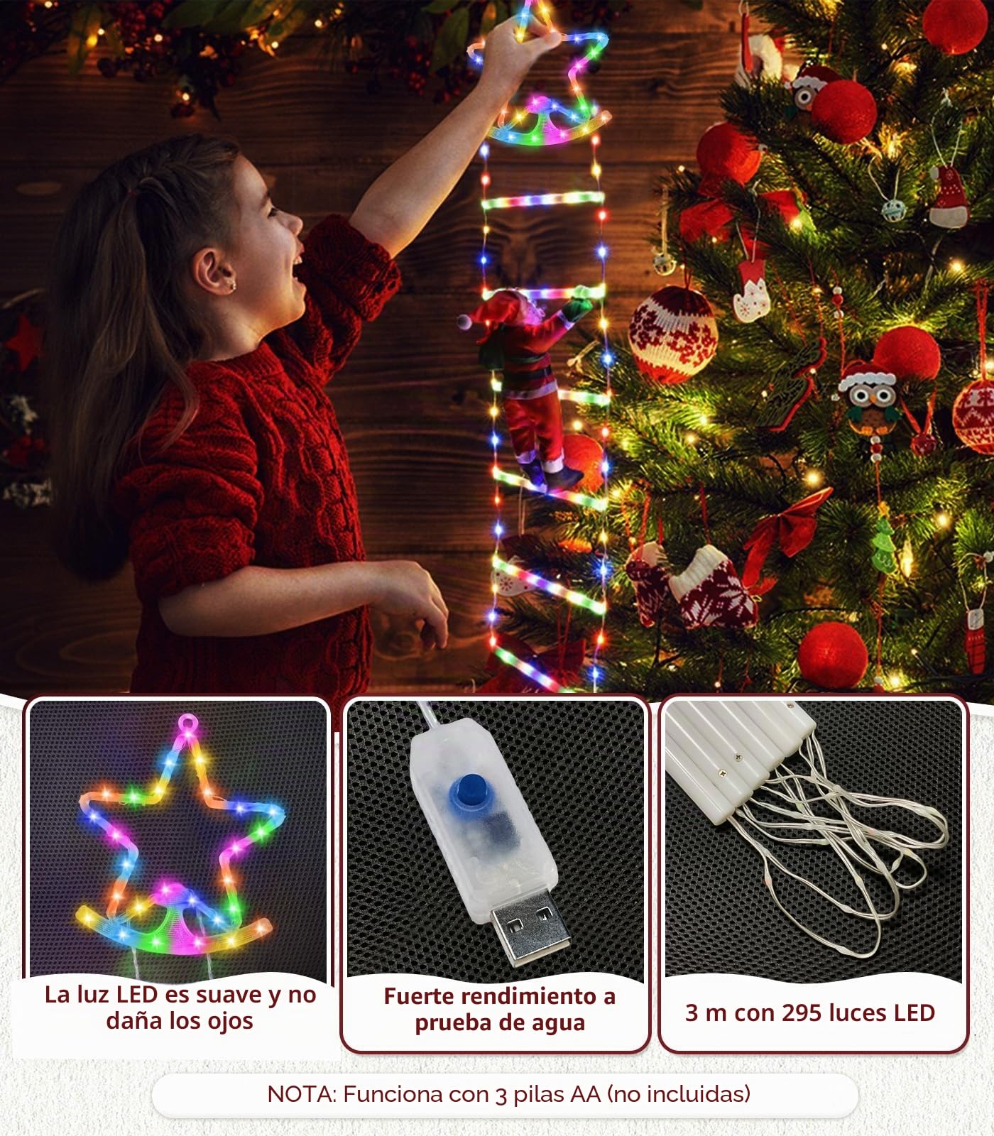 Guirnalda Luces de Navidad - 3 Metros LED Escalera Navidad Estrellas con Papá Noel, 8 Modos USB Luz Decoración con Control Remoto para Exterior Interior, Habitación, Balcón