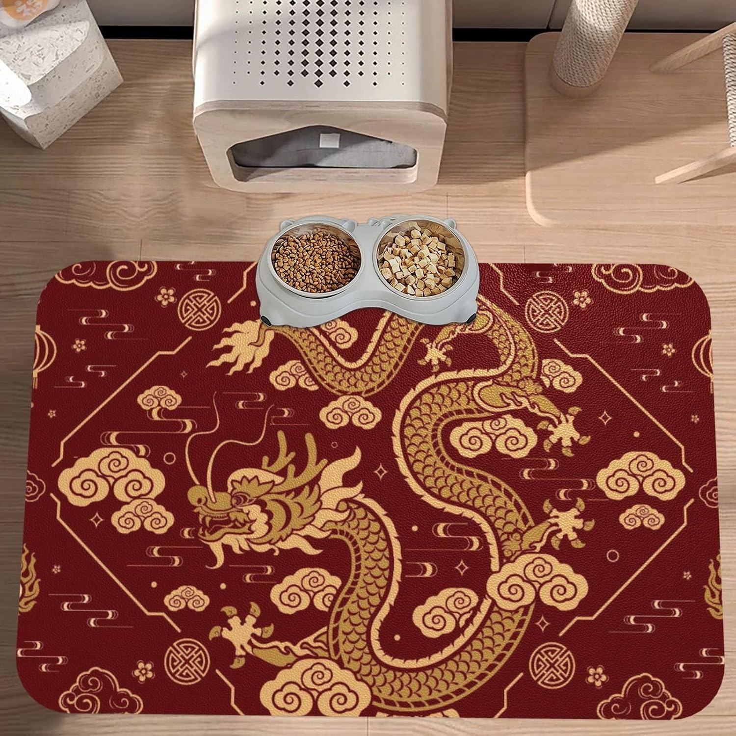 Cool Dragon Pattern Leather Absorbent Pet Feeding Mat Non-Slip for Dogs Cats 40x60cm