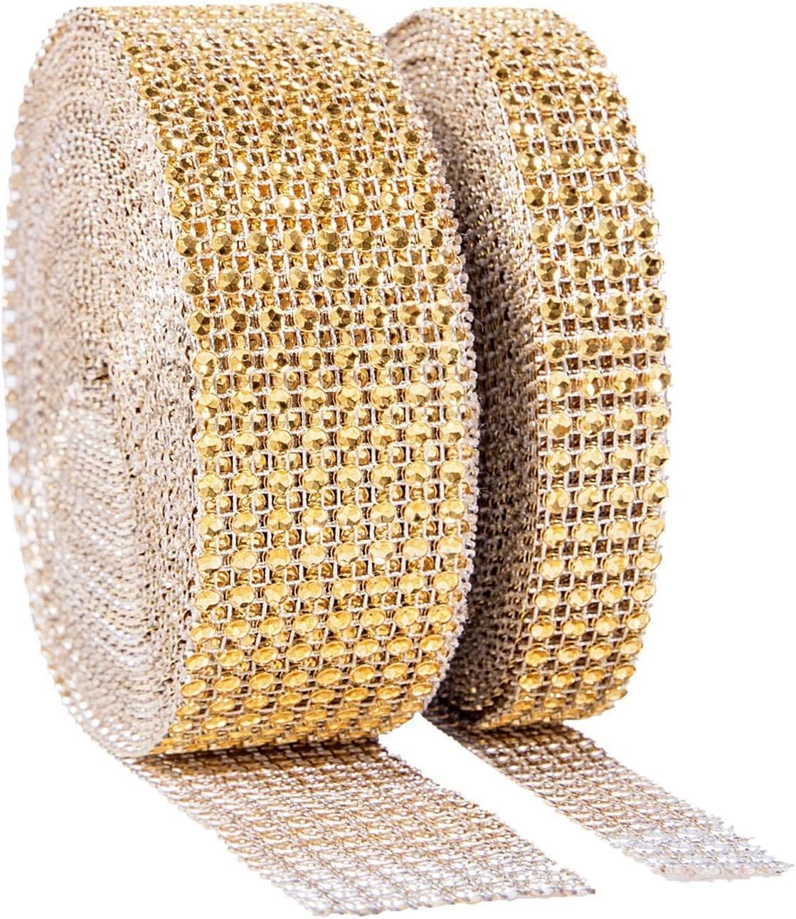 Rhinestone Ribbon, 20 Yard Diamond Ribbon Glitter Rhinestone Trim, Bling Crystal Strips Gold Ribbon Roll for Craft DIY Wedding Birthday Decorations Party Supplies (8 Row 10 Yard and 4 Row 10 Yard)