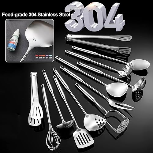 Miniatura 8 de Utensilios de cocina de acero inoxidable, 12 piezas, juego de utensilios de cocina pequeños, espátulas, cucharón, espumadera, tuneleros, cuchara de