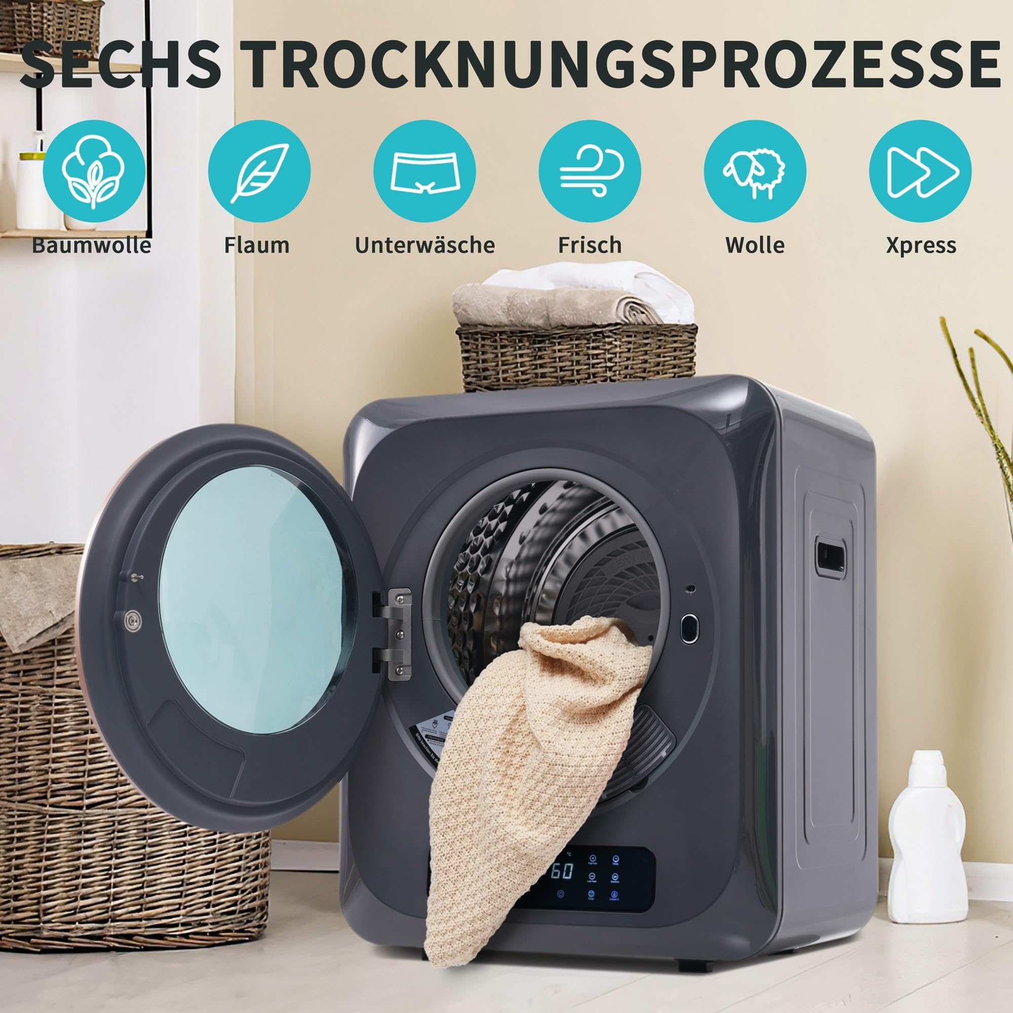 Wäschetrockner Abgastrockner, Edelstahltrockner, 2,5 kg, tatsächlich bis zu 4 kg, 850 W, Mehrfachfiltration, 6 Programme, 6 Funktionen. Überhitzungsschutz, Wandmontage,Grey