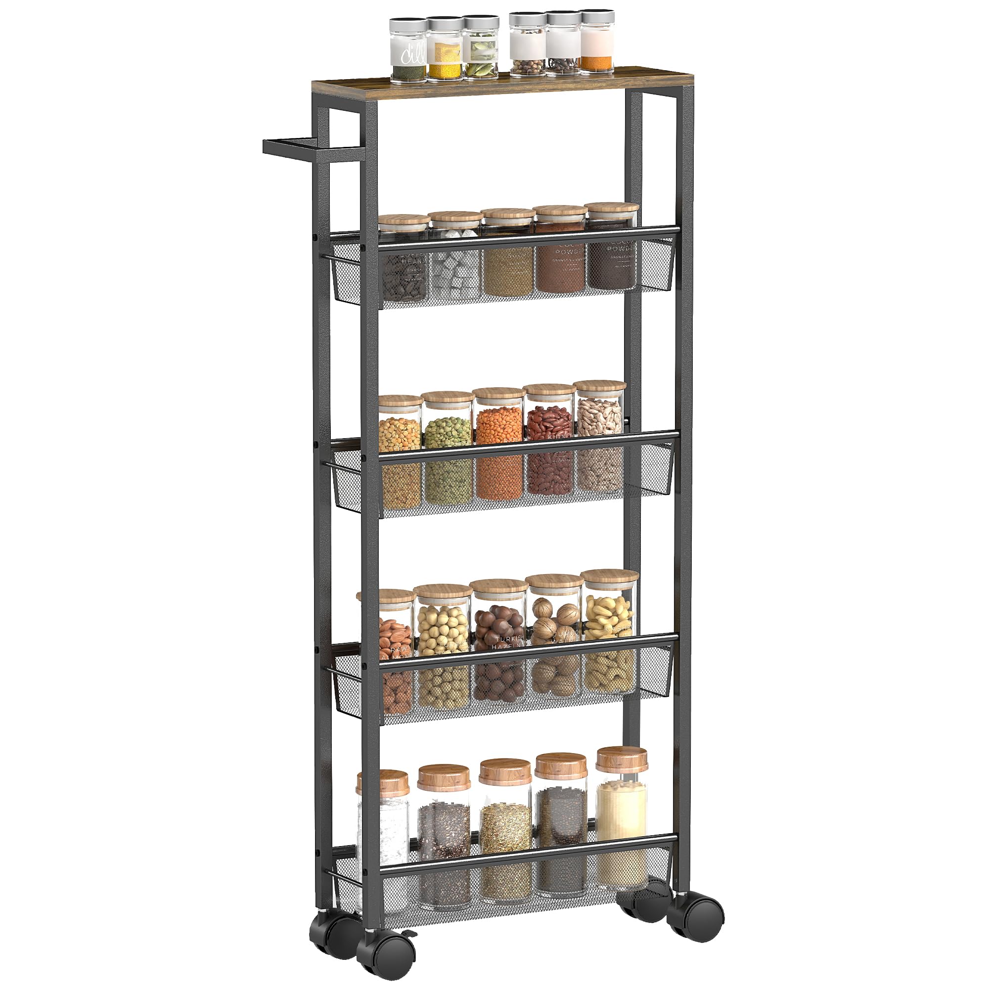 HOMCOM Küchenwagen Servierwagen mit 5 Ebenen, Schmaler Rollwagen Küchenregal mit Arbeitsplatte in Holzoptik, Rollen, Griff, Metallrahmen, für Esszimmer, 47 x 13 x 96,5 cm, Schwarz