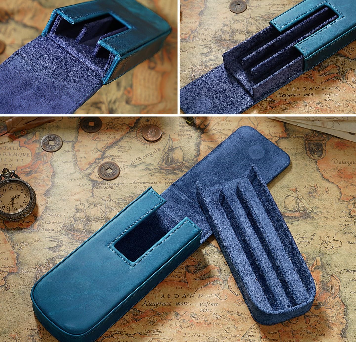 Stiftetui Schutzhülle Handgemachte Stiftebox Aus Rindslederimitat Mit Magnetischer Schublade - Blau