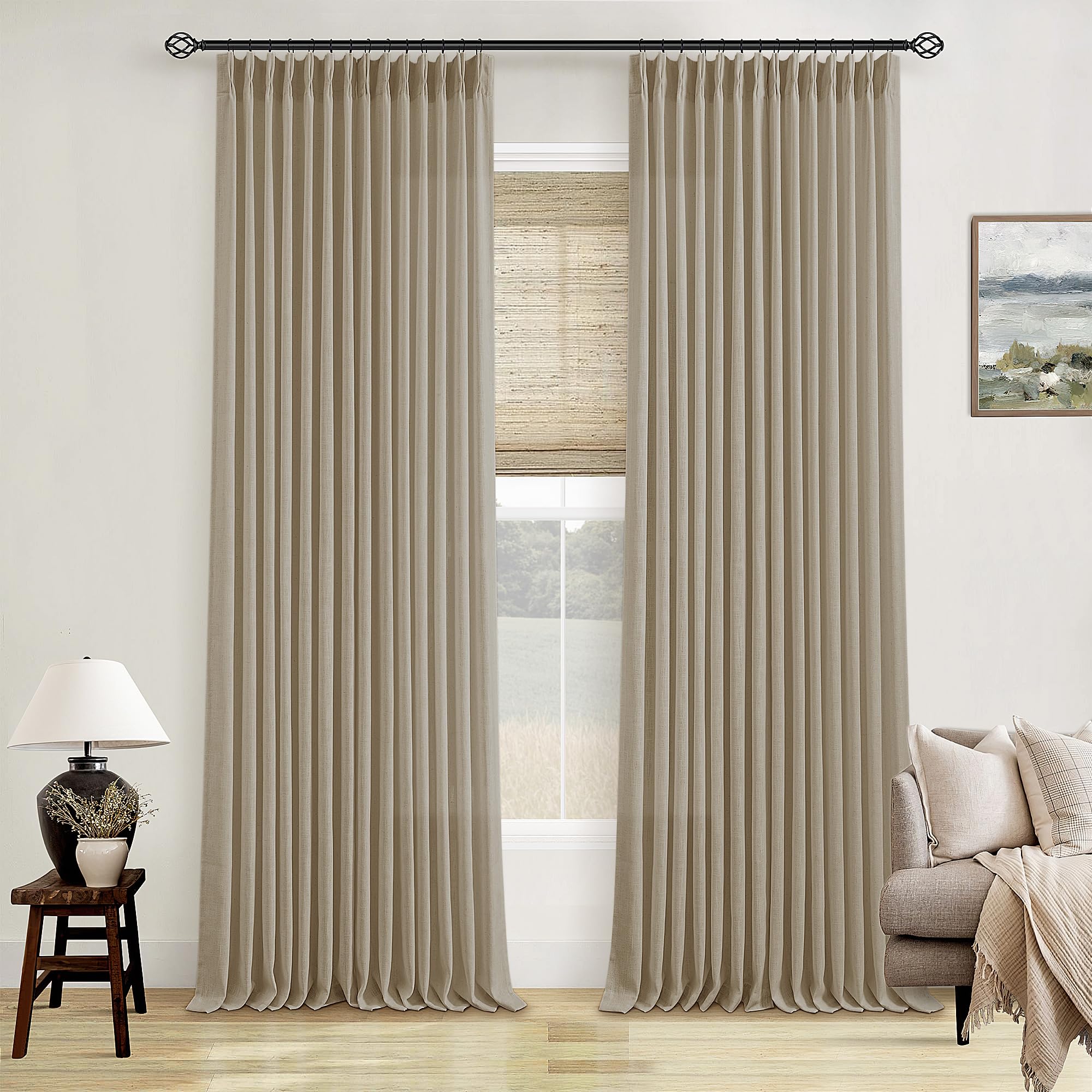 Neutral Pinch Pleated 96 Inch Greige Light Filtering Flax Linen Curtains | Flax Linen Pleat Curtains, Memory Trained, Semi Sheer Non See Through, with Hooks Rings, Neutral Country, for Living Room