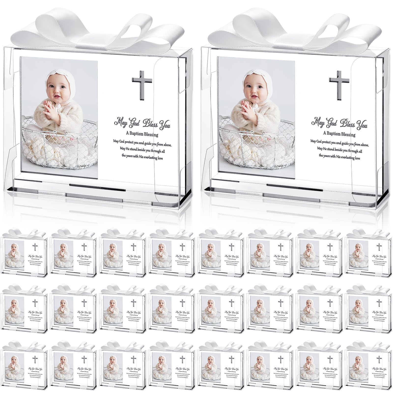 Vercraft 24 Set Baptism Picture Frame 3.5 x 5 Acrylic Baby Shower Baptism Favor Christening Gifts for Boy Girl with Plastic Crystal Boxes and Satin