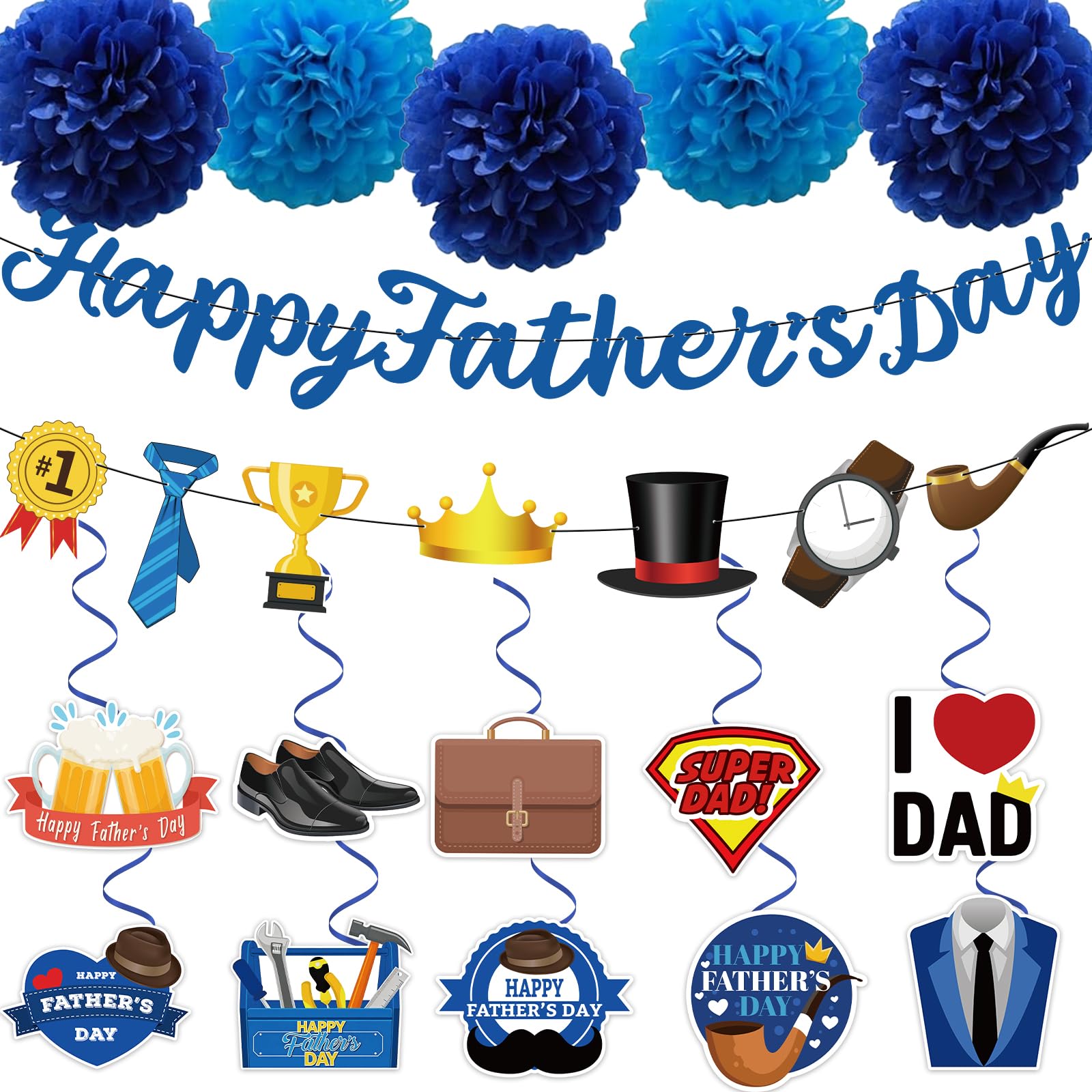 Father’s Day Party Decorations - 27PCS All-in-One Set with 10 Hanging Swirls & Themed Cutouts (Super Dad, Tie, Trophy), 2 Banners, 5 Blue Tissue Pom