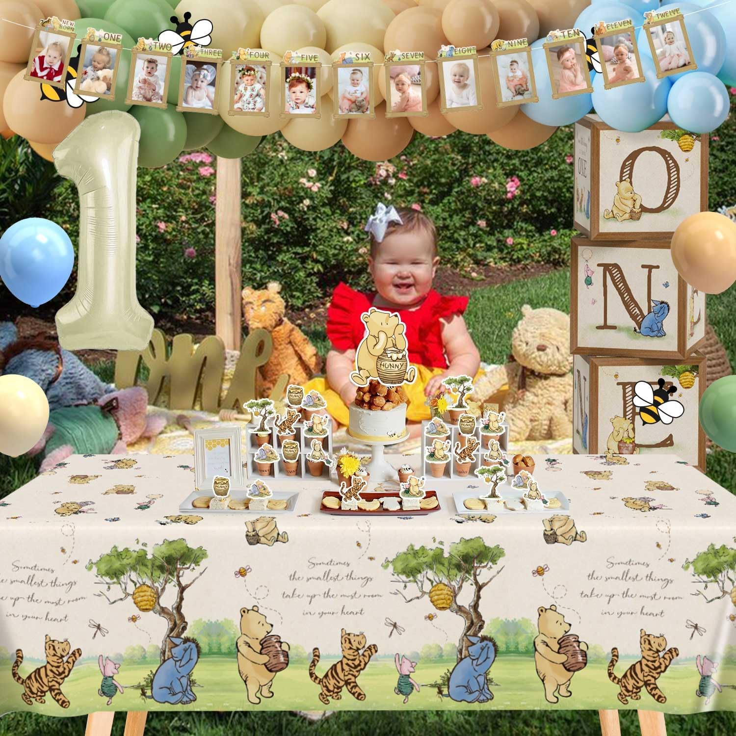 154pcs Winnie Pooh First Birthday Decorations Party Set, Classic Pooh Bear 1st Birthday Month Banner, High Chair Banner, ONE Box, Balloon Arch, Crown, Tablecloth, Backdrop, Cake Toppers and Stickers - Image 3