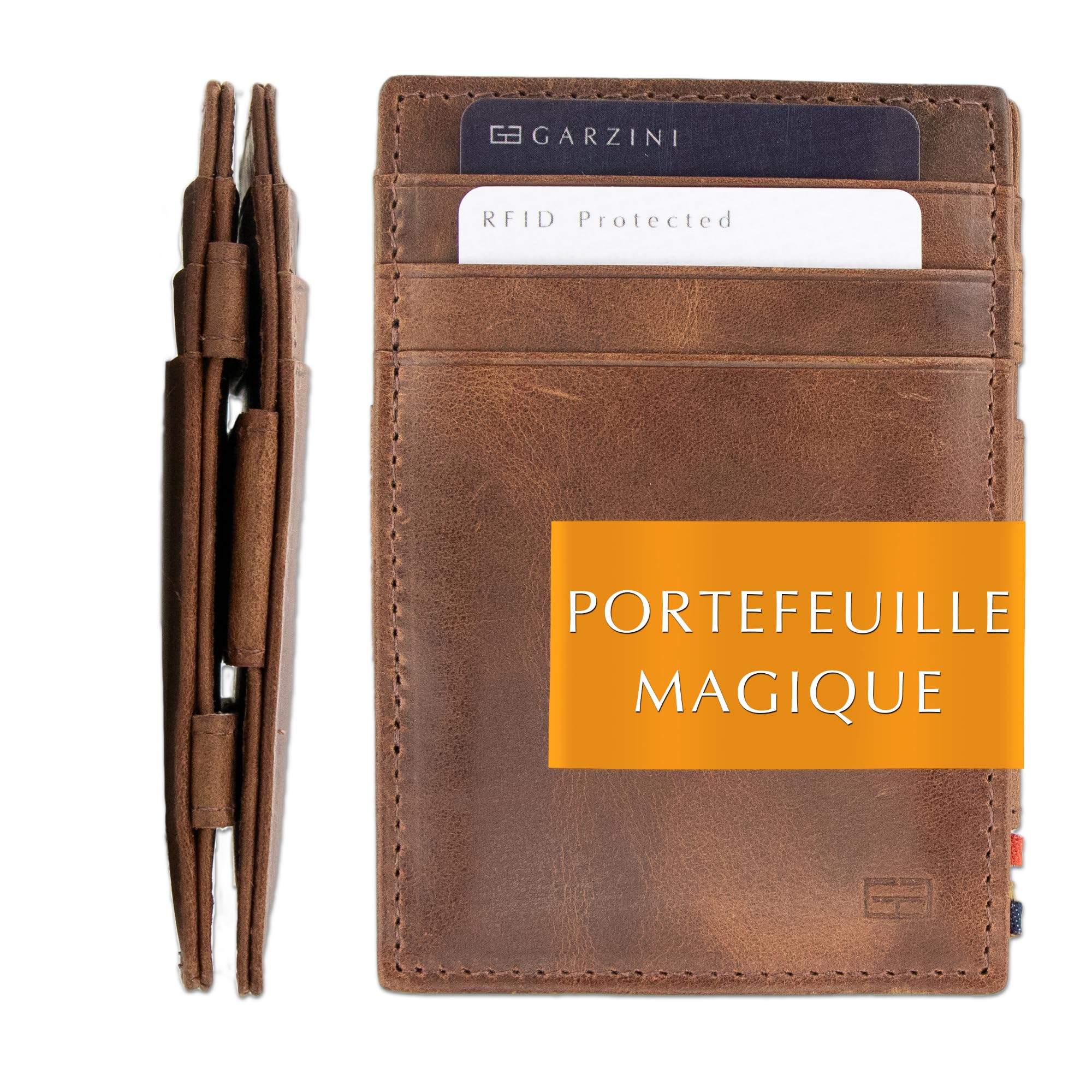 Garzini Porte feuille pour homme magique minimaliste fin en cuir véritable. Porte carte anti piratage avec RFID protection. 10 fentes de cartes
