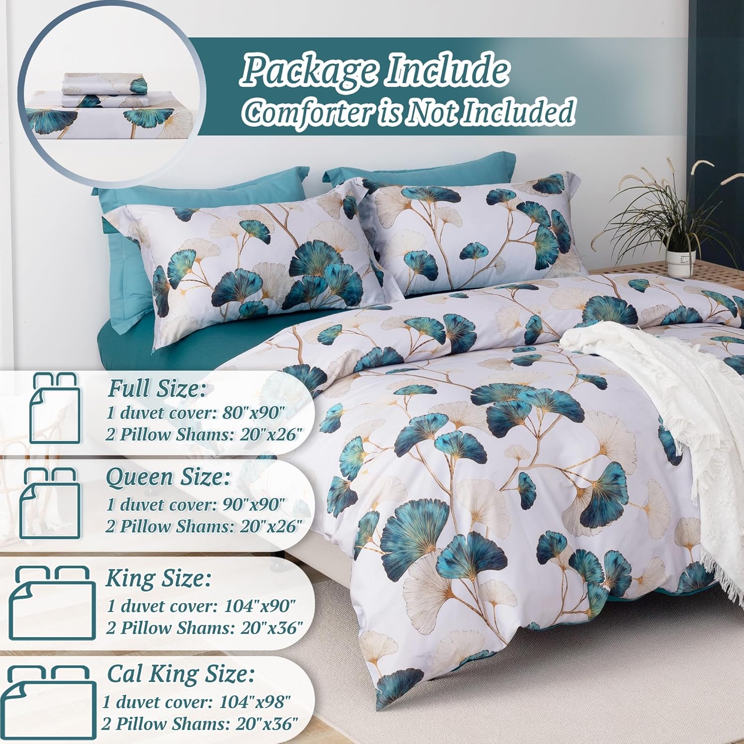 MILDLY 100% Long-Staple Cotton Duvet Cover Set Teal Green Gingko Leaf Pattern Printed Comforter Cover 3pcs, Ultra Soft & Breathable Bedding Set - Image 7