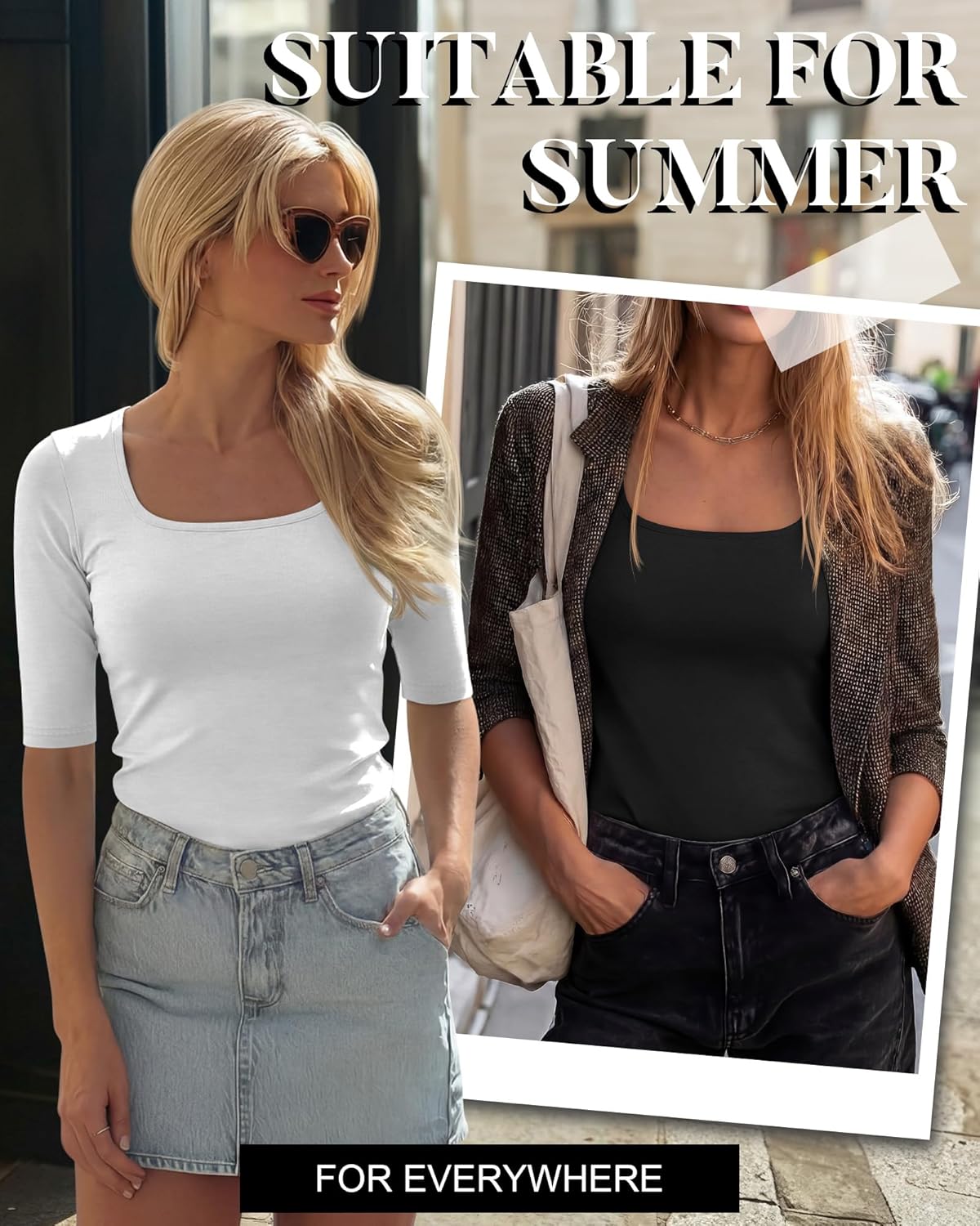 Neer 4 Pack Women's Half Sleeve Shirts Cotton Blend Elbow Length Tees Stretchy Square Neck Slim Fitted Casual Basic Tops - Image 6