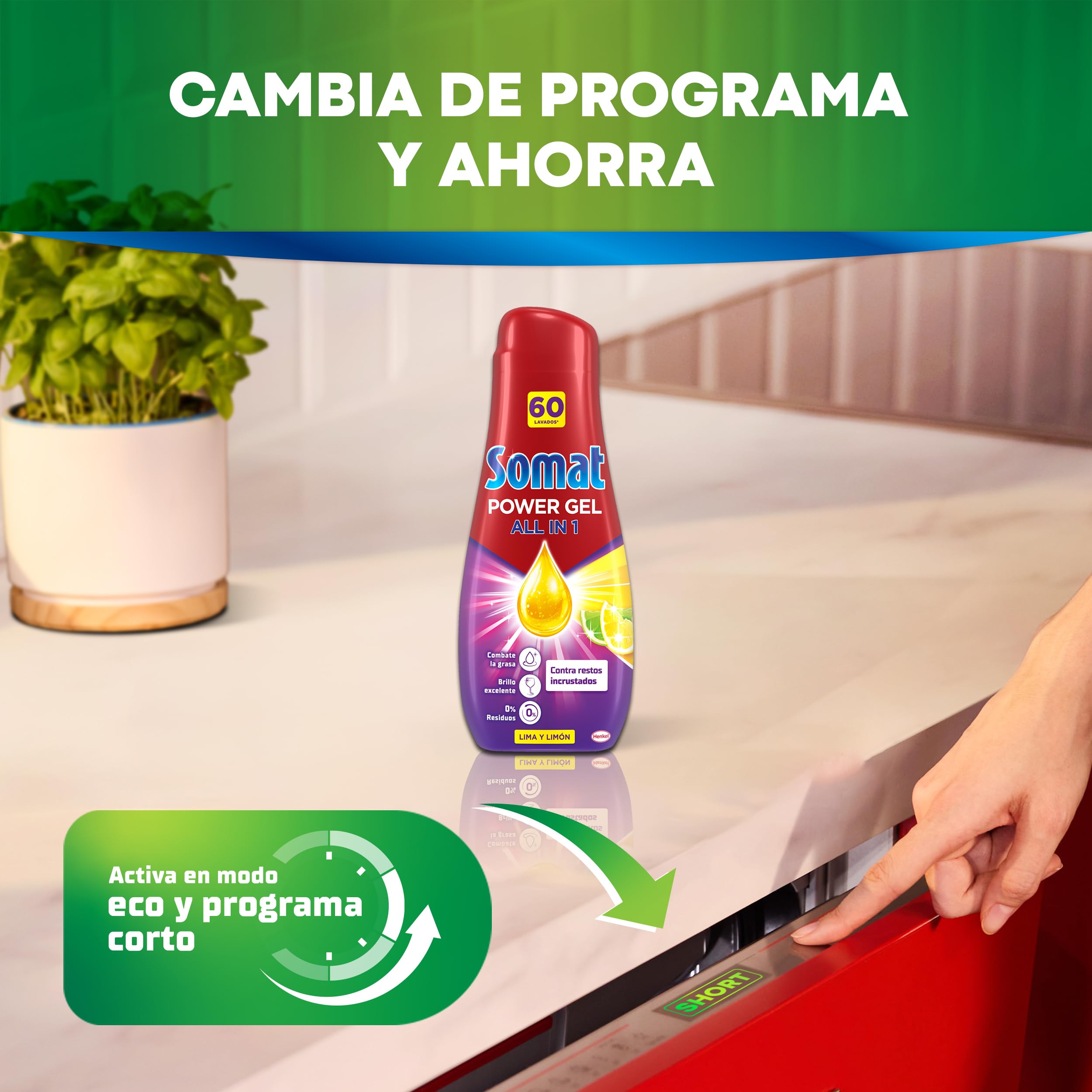 Somat Power Gel Todo en 1 para Lavavajillas Lima Limón (240 Lavados), Detergente para Lavavajillas con Limpieza Potente, Para una Vajilla Perfectamente Limpia Incluso en Programas Eco y Ciclos Cortos