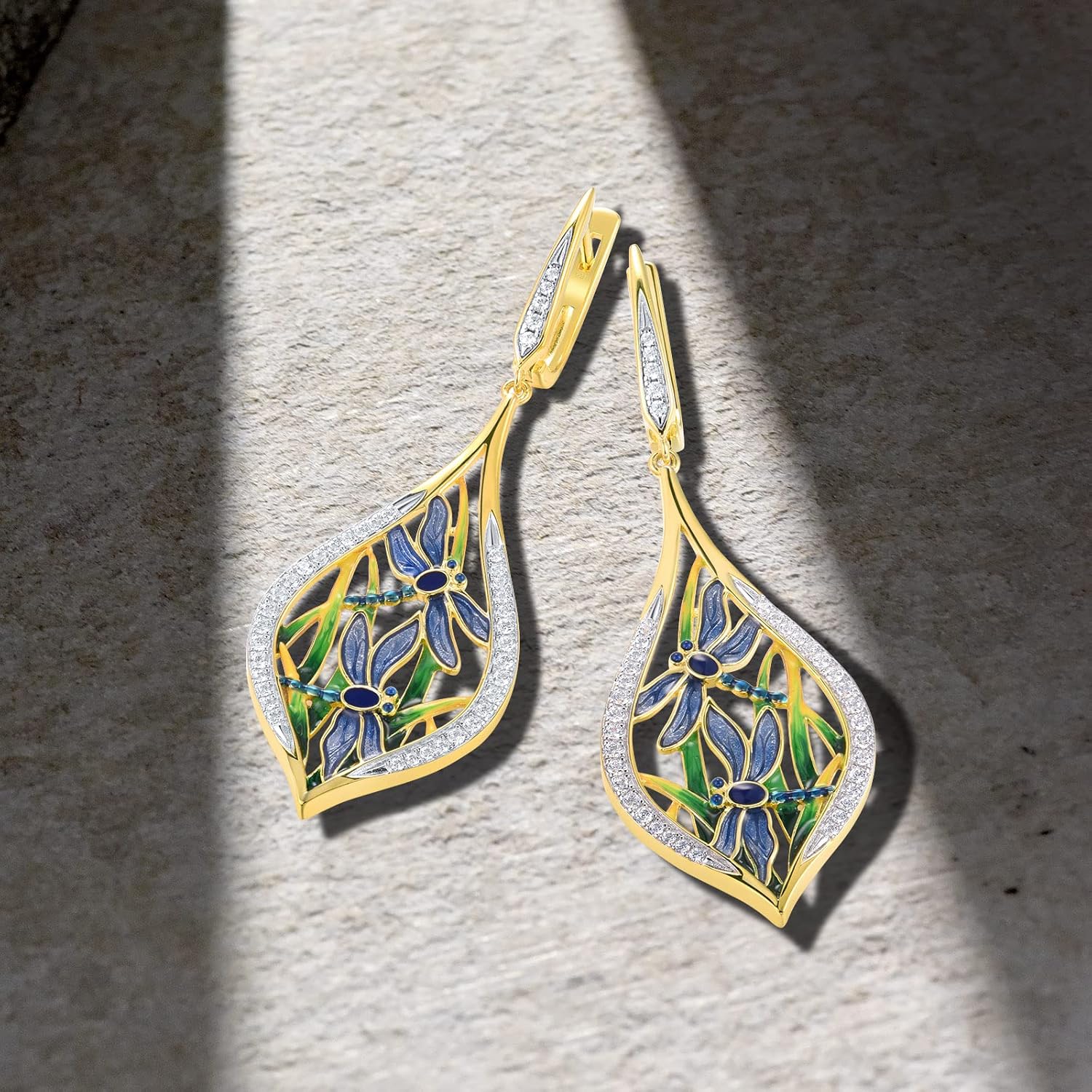 Santuzza 925 Sterling Silver Cubic Zirconia Flower & Dragonfly Enamel Earrings for Women