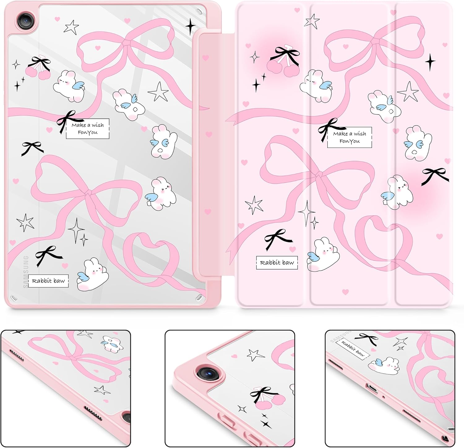 Mektron Case for Samsung Galaxy Tab A9+/A9 Plus 11” 2024 Model (SM-X210/X216/X218) with S Pen Holder, Slim Cover Clear Shell + Trifold Stand + Auto Wake/Sleep, Pink Bows-Rabbits