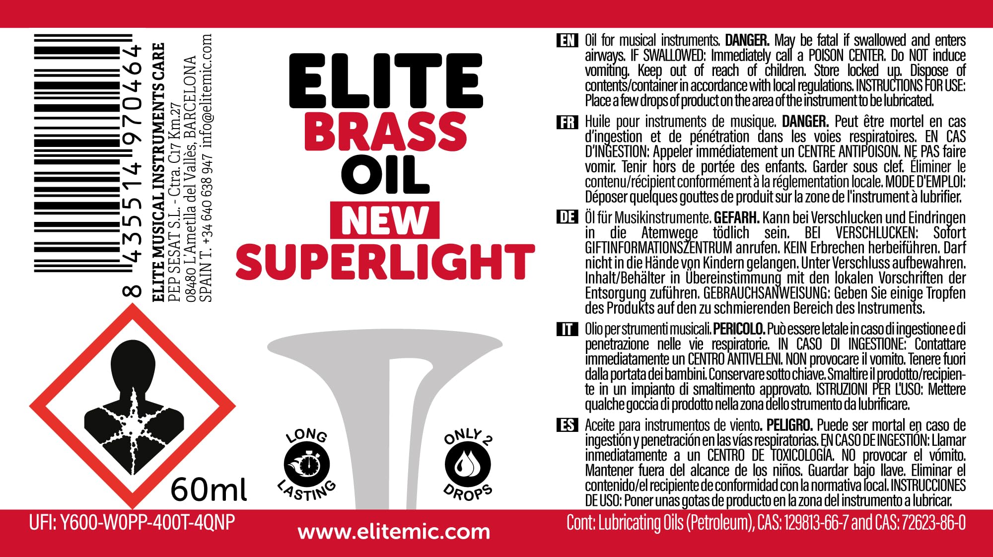 Elite Brass Oil New Superlight Huile pour instruments de musique à vent 60 ml : trompette, trombone, fliscorne, trompe, tuba, etc