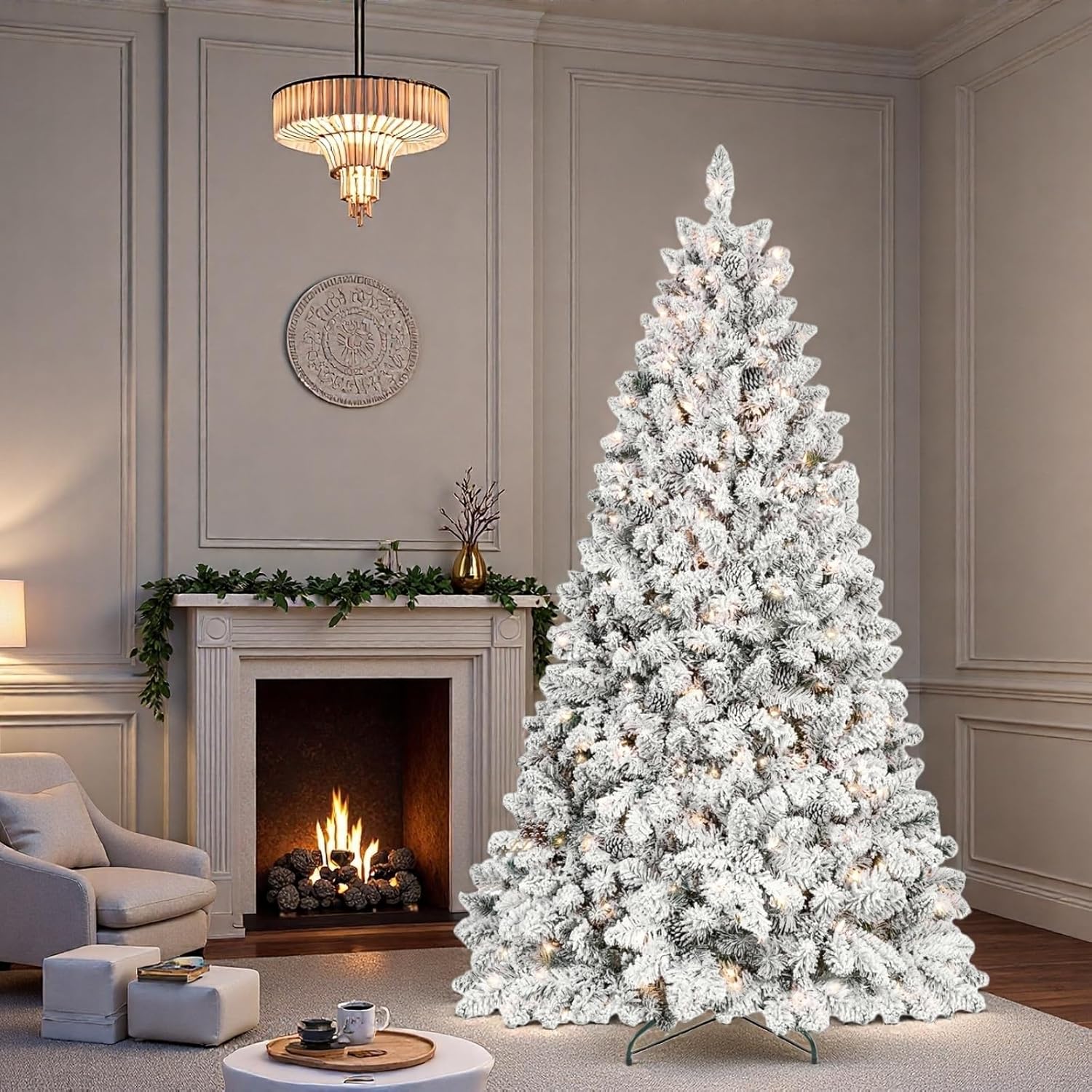8FT Christmas Tree, Flocked Artificial Holiday Tree with 1445 Tips, Snowy Hard Needle Branches, Hinged Structure for Easy Assembly, Realistic Holiday Decor with Stable Metal Stand, White