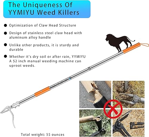 Miniatura 3 de YYMIYU Herramienta extractor de malezas de pie de 52 pulgadas  Desbrozadora de acero inoxidable de 4 garras con diseño de empuje de césped y
