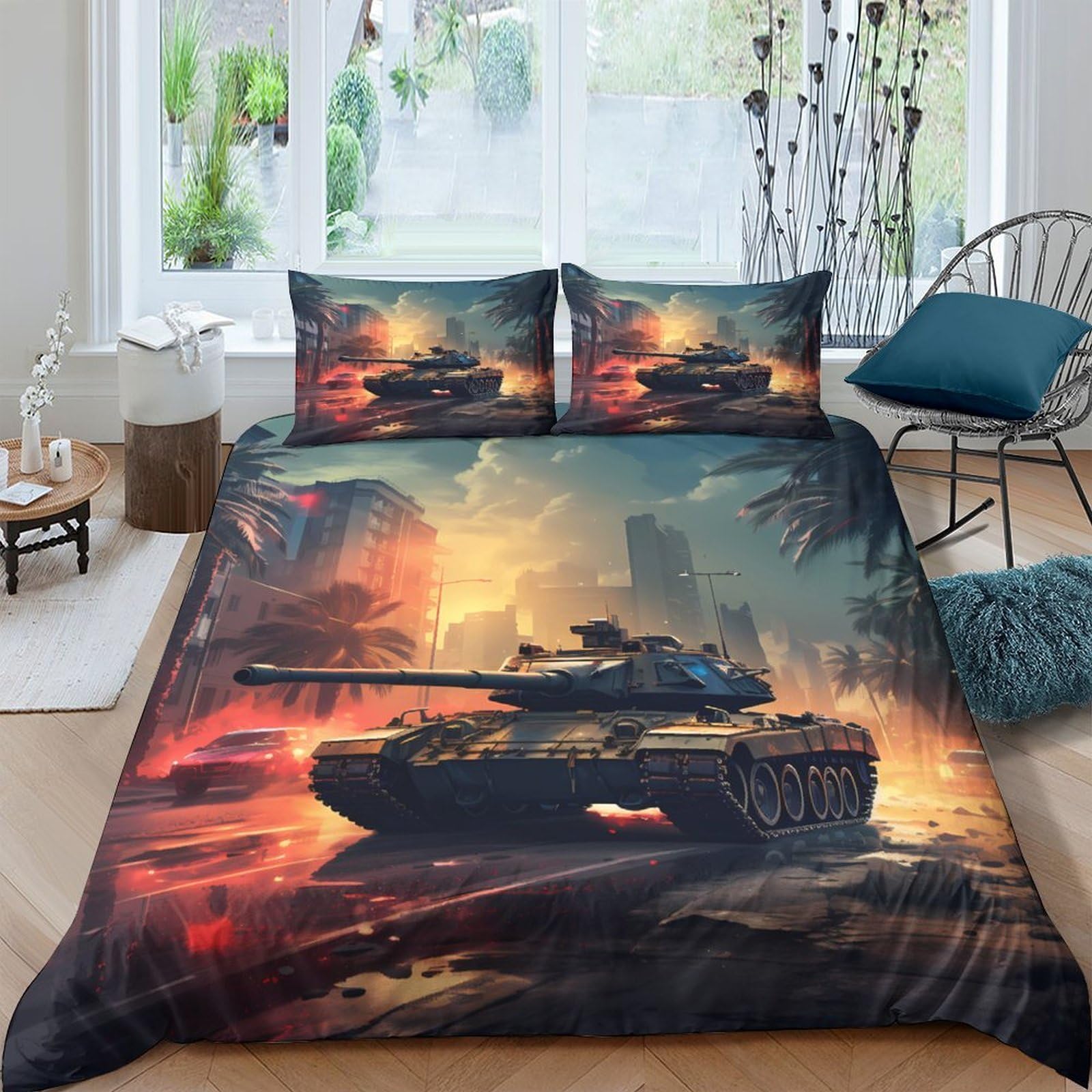 Ctjqhvkz Style-6 3D Printed Battle Tank Fitted Sheet Microfiber Soft Easy Care Sunset War Scene Mattress Cover For Bedroom Decor Single（135X200cm）