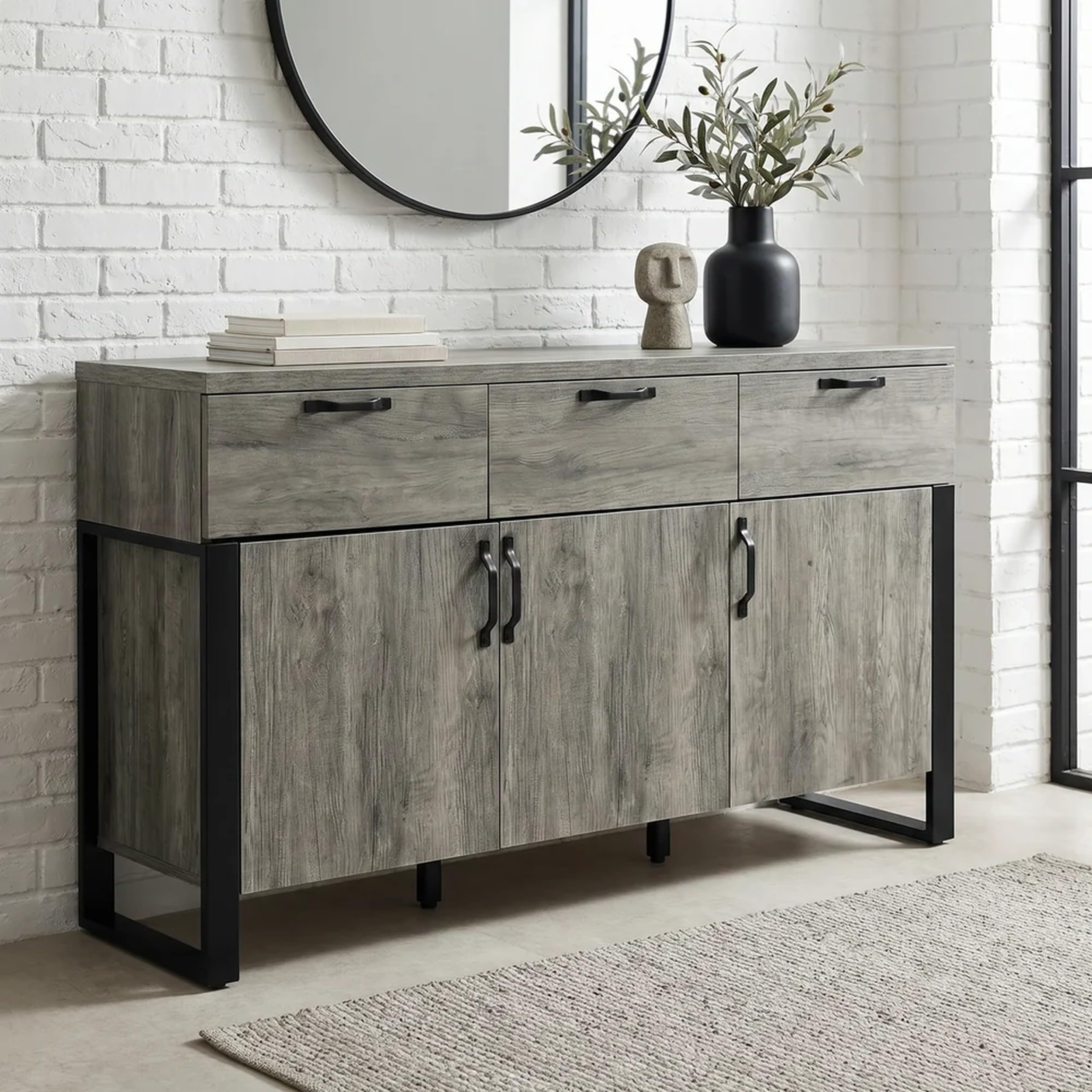 Blisswood Industrial Sideboard Cabinet 150cm, 3 Door & 3 Drawer Storage Unit, Wide Black Iron Legs, Wood Effect with 25mm Top, 3 Adjustable Shelves & Soft Close Hinges, Wooden Grey