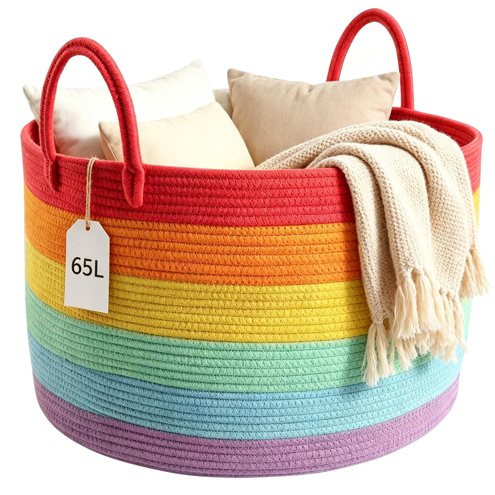 Large Rainbow Rope Blanket Basket for Living Room Decor, Foldable Baby Laundry Basket Soft Toy Storage 65L Woven Storage Baskets Laundry Hamper for Dirty Clothes, Duvet, Pillows, Towels - 50x33cm