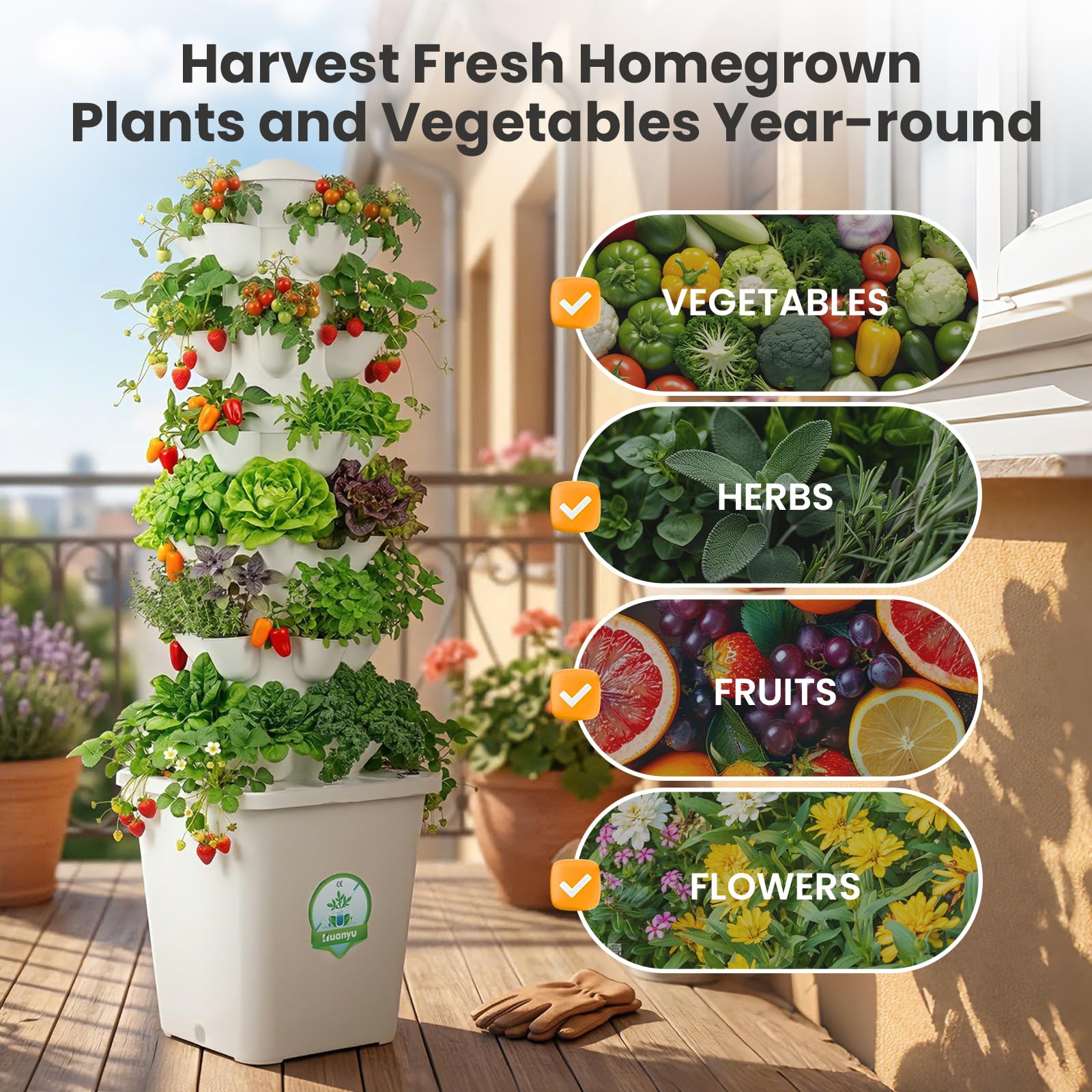 Huanyu Sistema de Cultivo Hidropónico 6 Capas 30 Vainas Torre Hidropónica Vertical con Temporizador Torre Hidropónica de Jardín con Tanque de Agua de 10L Apto para Uso Interior y Exterior