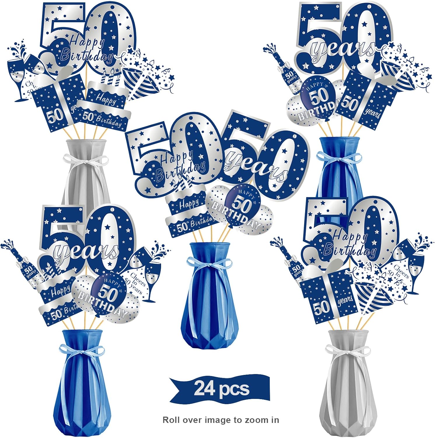 24pcs Blue Silver 50th Birthday Table Topper Decor, Including 24 Pattern Cardboards, Sticks & Adhesive Points, Perfect for Birthday Parties