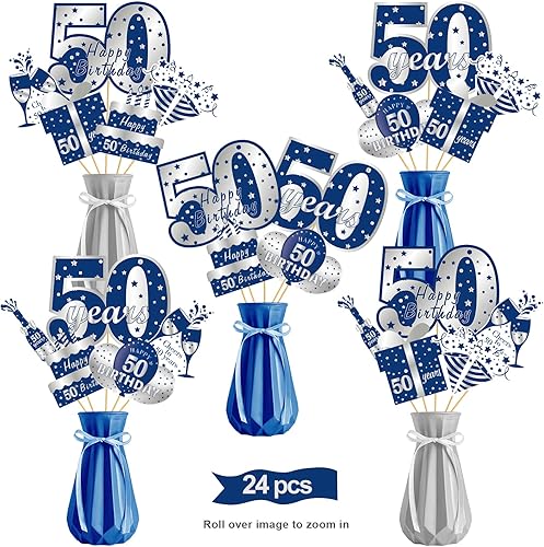 Miniatura 1 de Kauayurk 24 piezas de decoración de mesa de cumpleaños de 50 años, color azul y plateado, incluye 24 patrones de cartón, palos y puntos adhesivos,