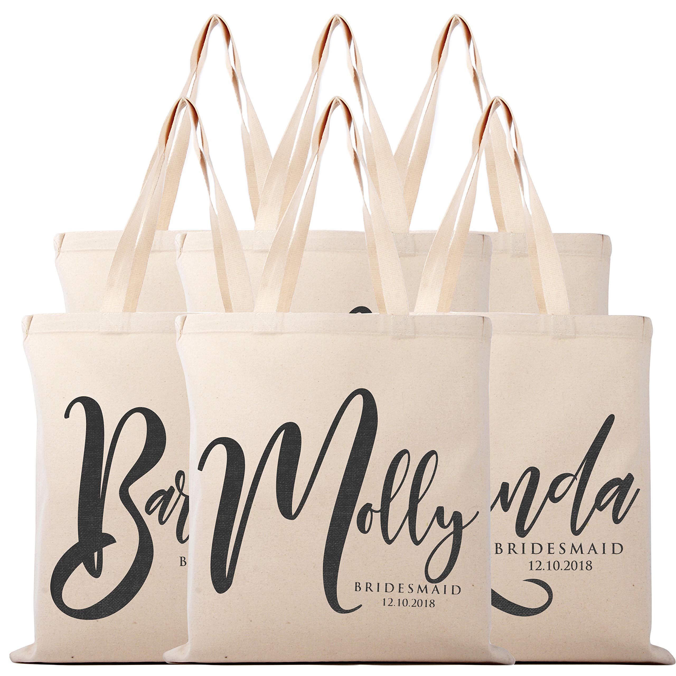 Lara Laser Works Set of 6 - Bridesmaid Proposal Gifts - Personalized Tote Bag for Women - Custom Cosmetic Bag for Girls w/Name - Wedding Bridal Party, Monogrammed Cosmetic Pouch - Natural Cotton