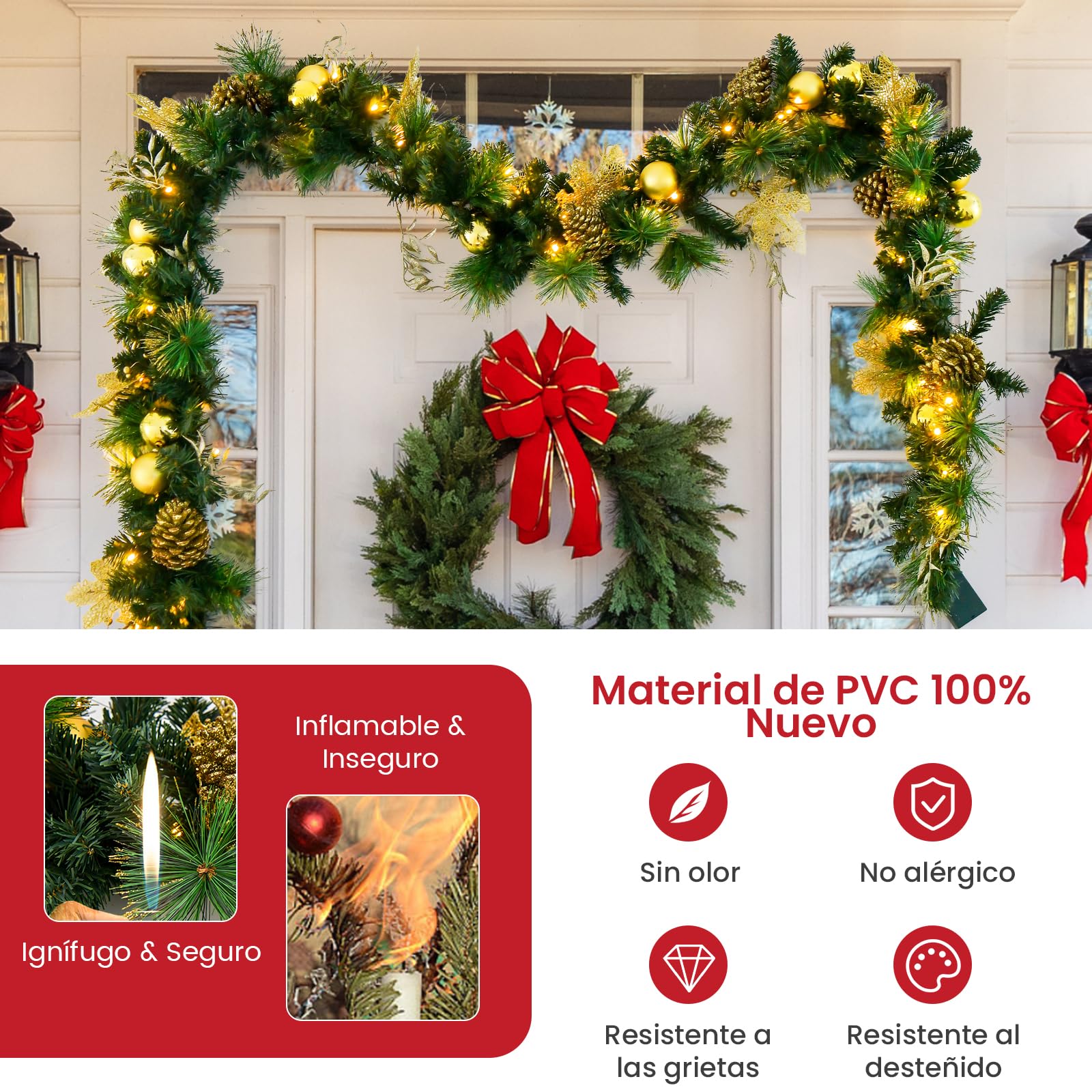 GOPLUS Guirnalda de Navidad Decorativa 270 cm, Guirnalda de Abeto Artificial con 50/100 Luces LED y Función de Temporizador, Decoración Navideña para Escalera Chimenea (Dorada)