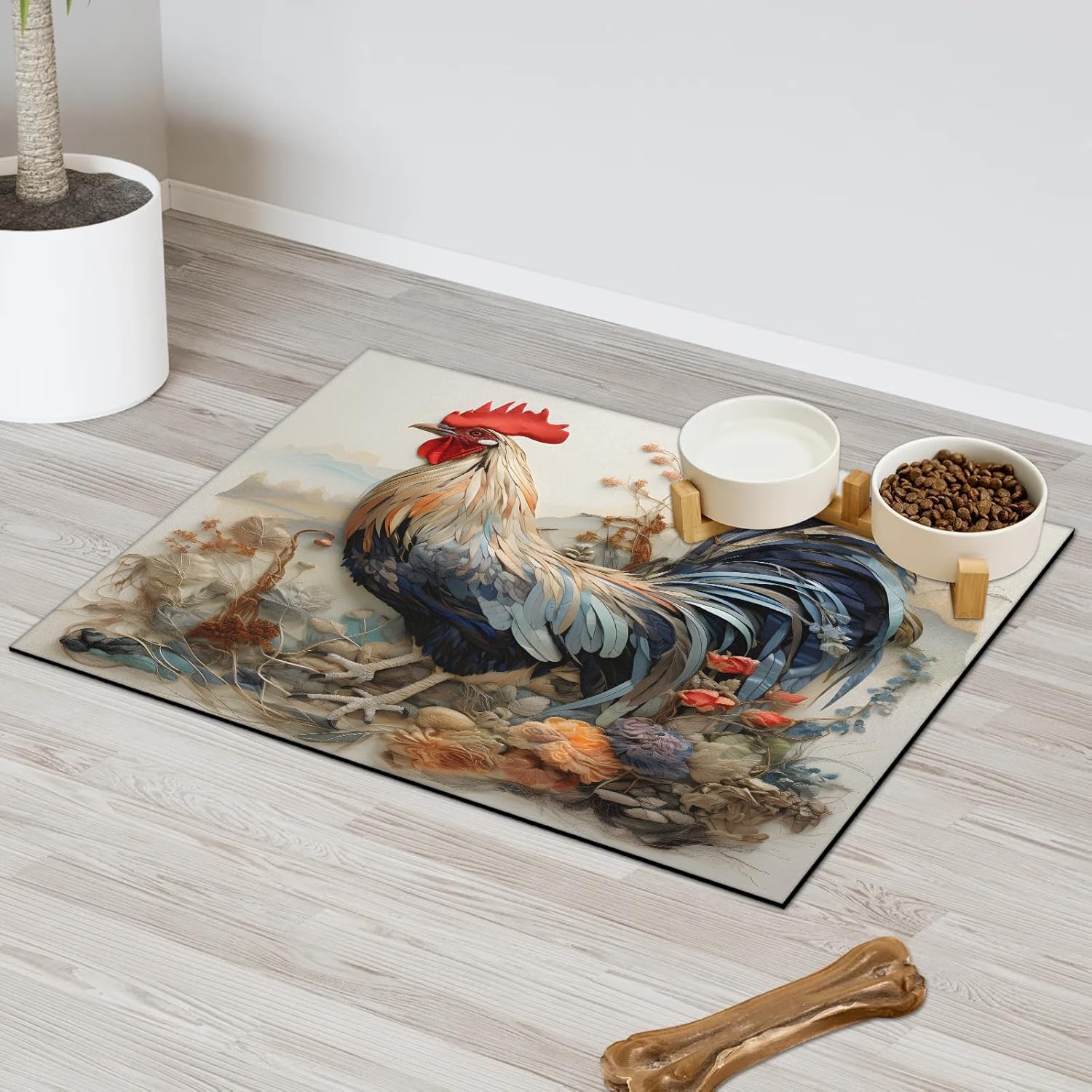 Hexteria Rooster Chickens Print Dog Food Mat Absorbent Quick Dry Pet Feeding Mat for Food and Water Bowl Non Slip Placemat for Dogs Cat, Easy to Clean,24 x 32 in