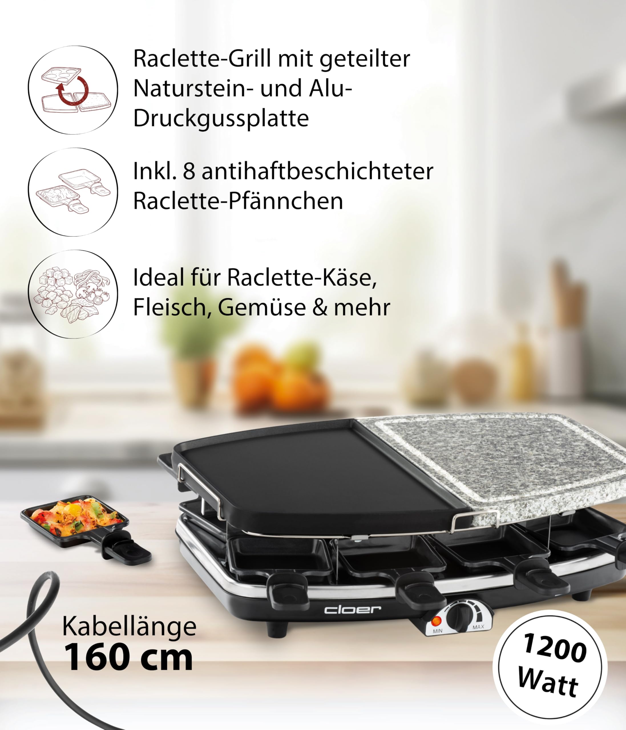 Cloer 6435 Raclette mit Naturstein 1200 W 8 antihaftbeschichtete Raclettepfännchen