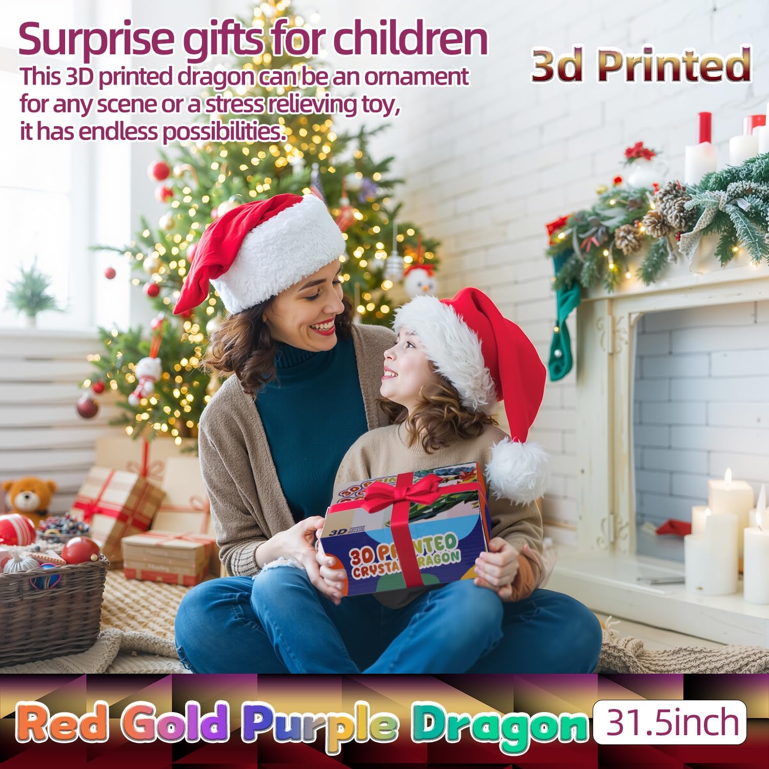 31.5" Giant 3D Printed Dragon Large 3D Dragon Model, Big 3D Printed Figure, Oversized Poseable Articulated Toy, Fantasy Collectible Gift for Desk and Home Décor (Purple Gold, 31.5 inch)
