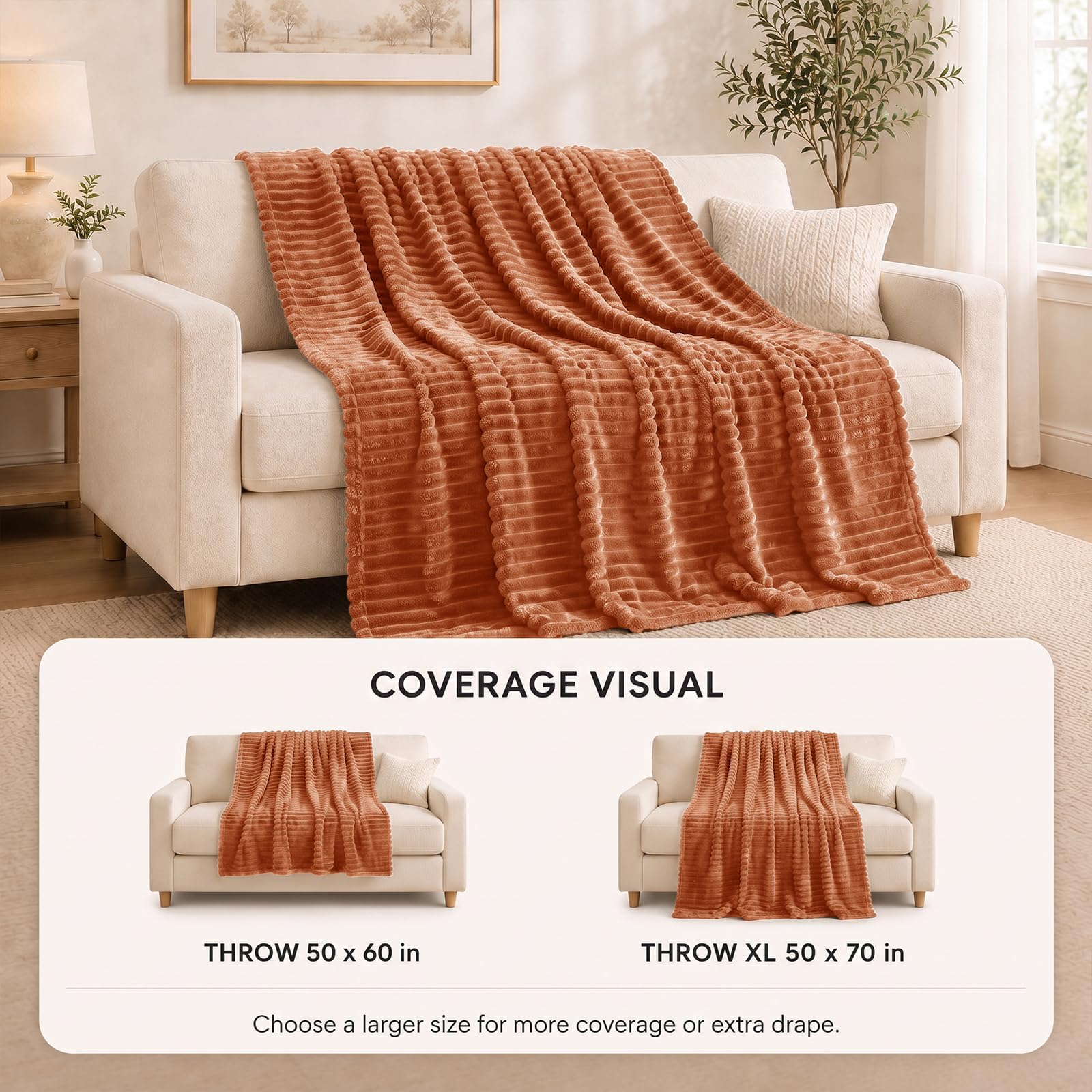 HIMEET Burnt Orange Throw Blanket for Couch, 300GSM Ribbed, 50 x 60 Inches view 3