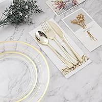 Vista 12 de BESTVIP 175 PCS Gold Dinnerware Set for 25 Guests, Plastic Dinnerware Set for Party, Wedding, Christmas, Halloween, Include: 50 Plastic Plates, 25