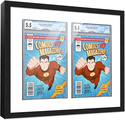 Poster Palooza Marco de cómic con paspartú para 2 cómics CGC, CBCS o PGX Graded Comics – Marco de cómic negro para cómics de 8.125 x 13 pulgadas