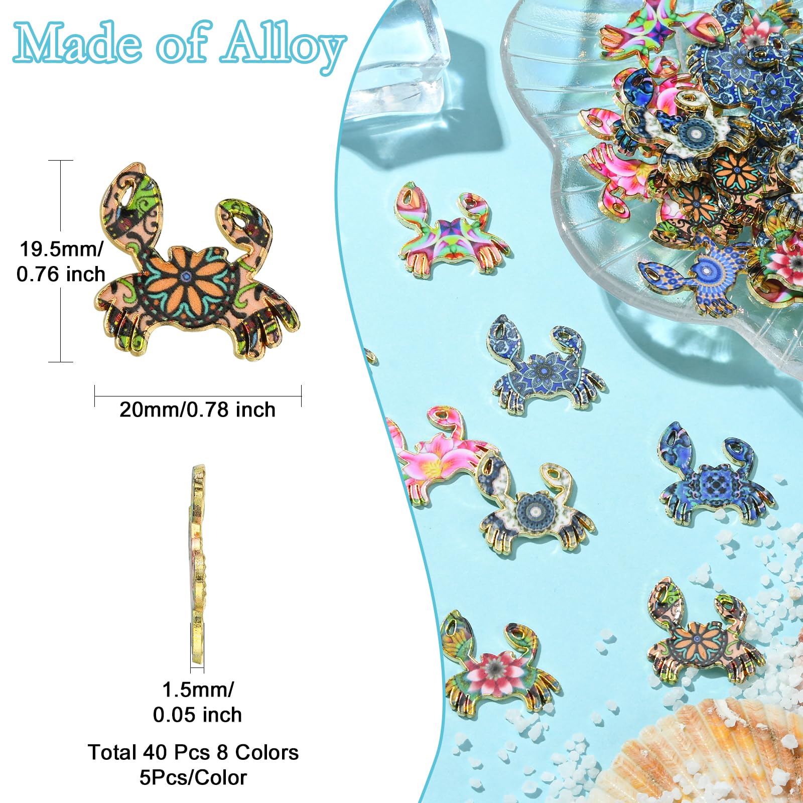 Stiesy 40Pcs 8 Styles Enamel Crab Charms Flower Printed Crab Pendant Charm Sea Animal Dangle Charms for Jewellery Making DIY Bracelet Crafting Gifts - Image 2