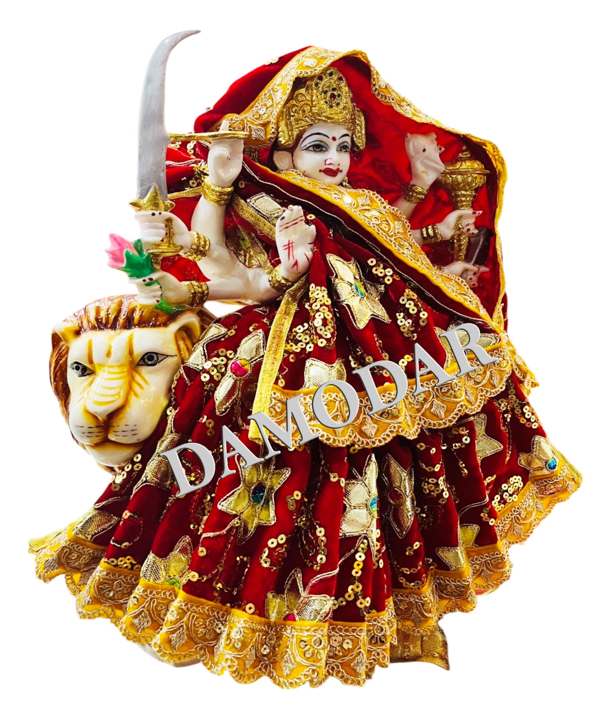 DAMODAR'S™ Beautiful Durga MATA Rani RED Velvet Washable POSHAK//Suitable for All Occassions Like Navratri ETC. (12"/18 INCH Idol)-image-46