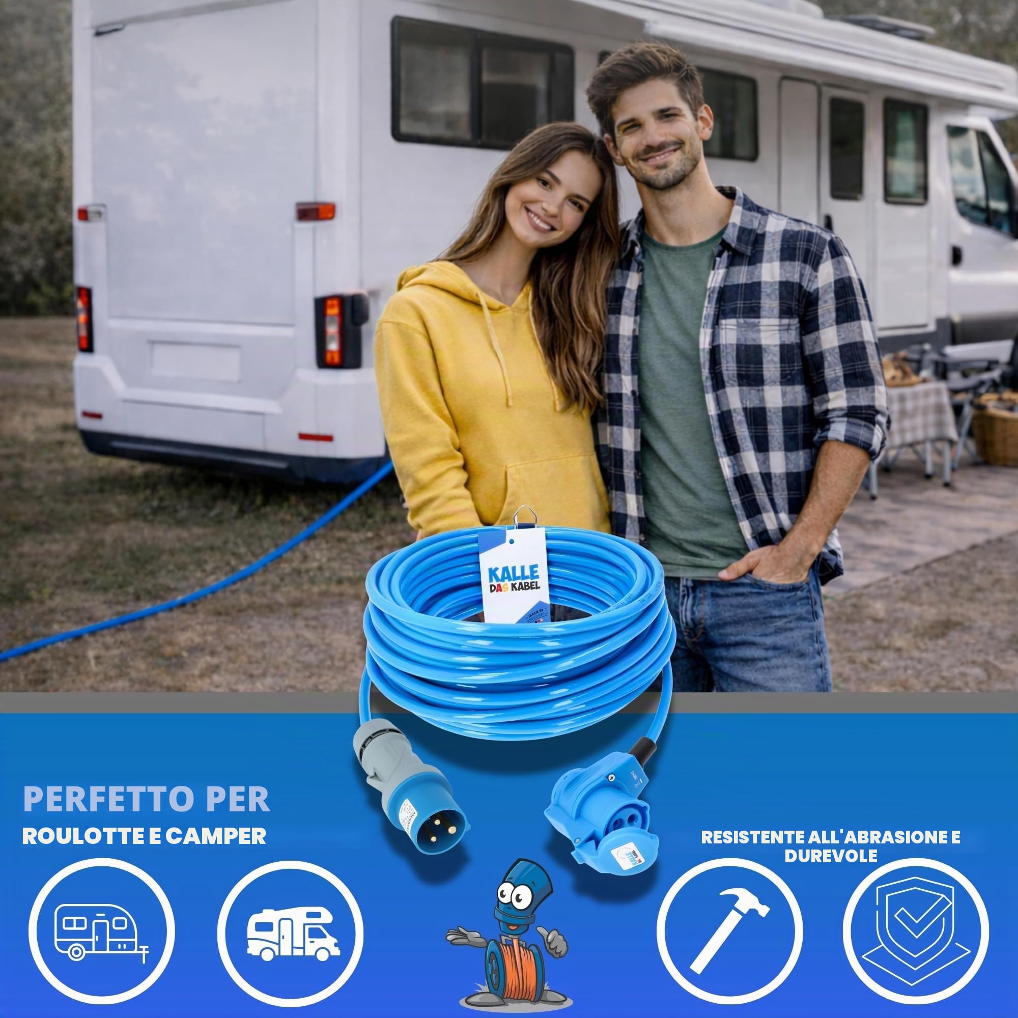 KALLE DAS KABEL Prolunga CEE 230 V, H07BQ-F 3G, 2,5 mm², 10 m, cavo Vollpur Premium con giunto angolare, per industria, edilizia, barche, camper e campeggio