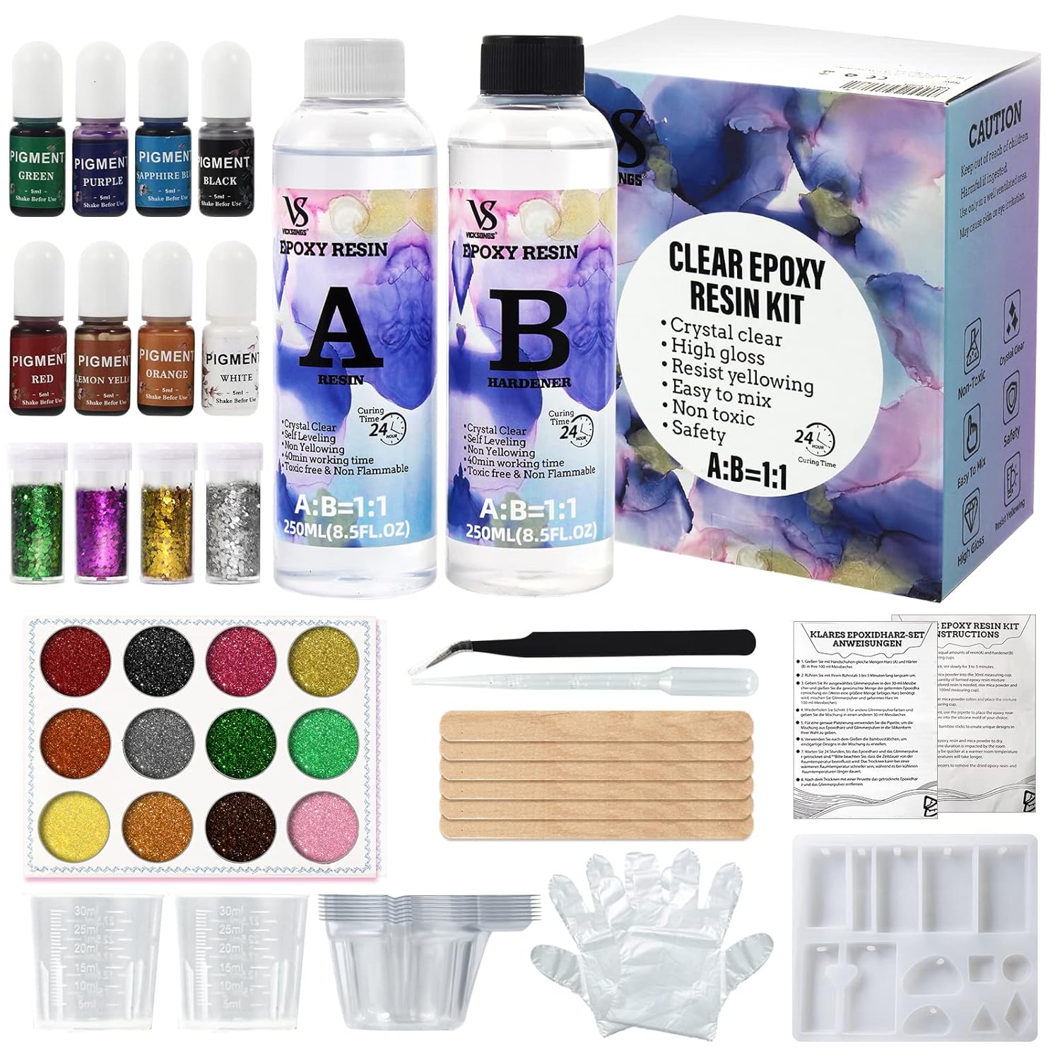 VICKSONGS 500ml Kit Resina Epoxi Manualidades Completo - Epoxy Resina Transparente AB 1:1, Kit Resina Manualidades, Resina Epoxi Transparente Manualidades, Epoxy Resin Moldes Resina Epoxi Joyeria