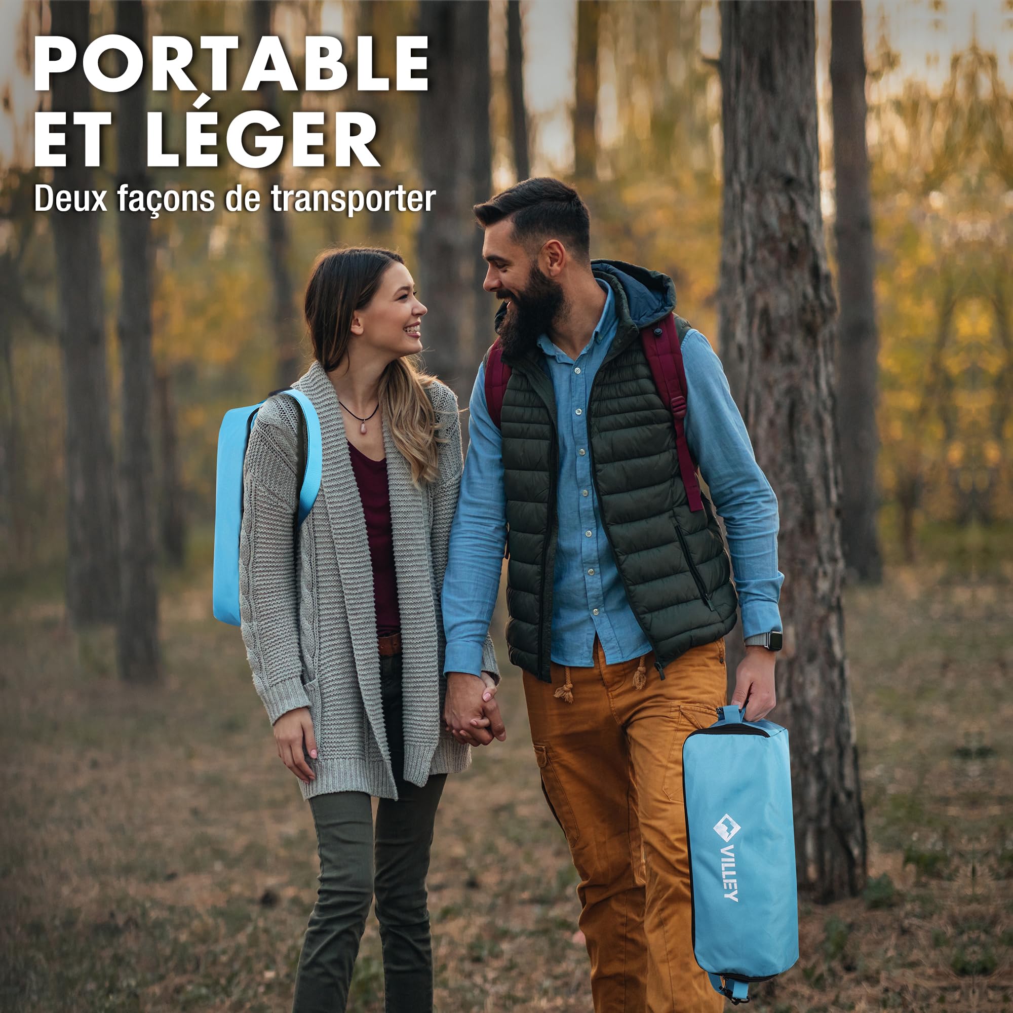 VILLEY Chaise Pliante Camping Légère Bleue | Chaise Pliable Portable avec Sac de Transport, Capacité 150 kg, pour Camping, Voyage, Randonnée, Pique-Nique, Festival