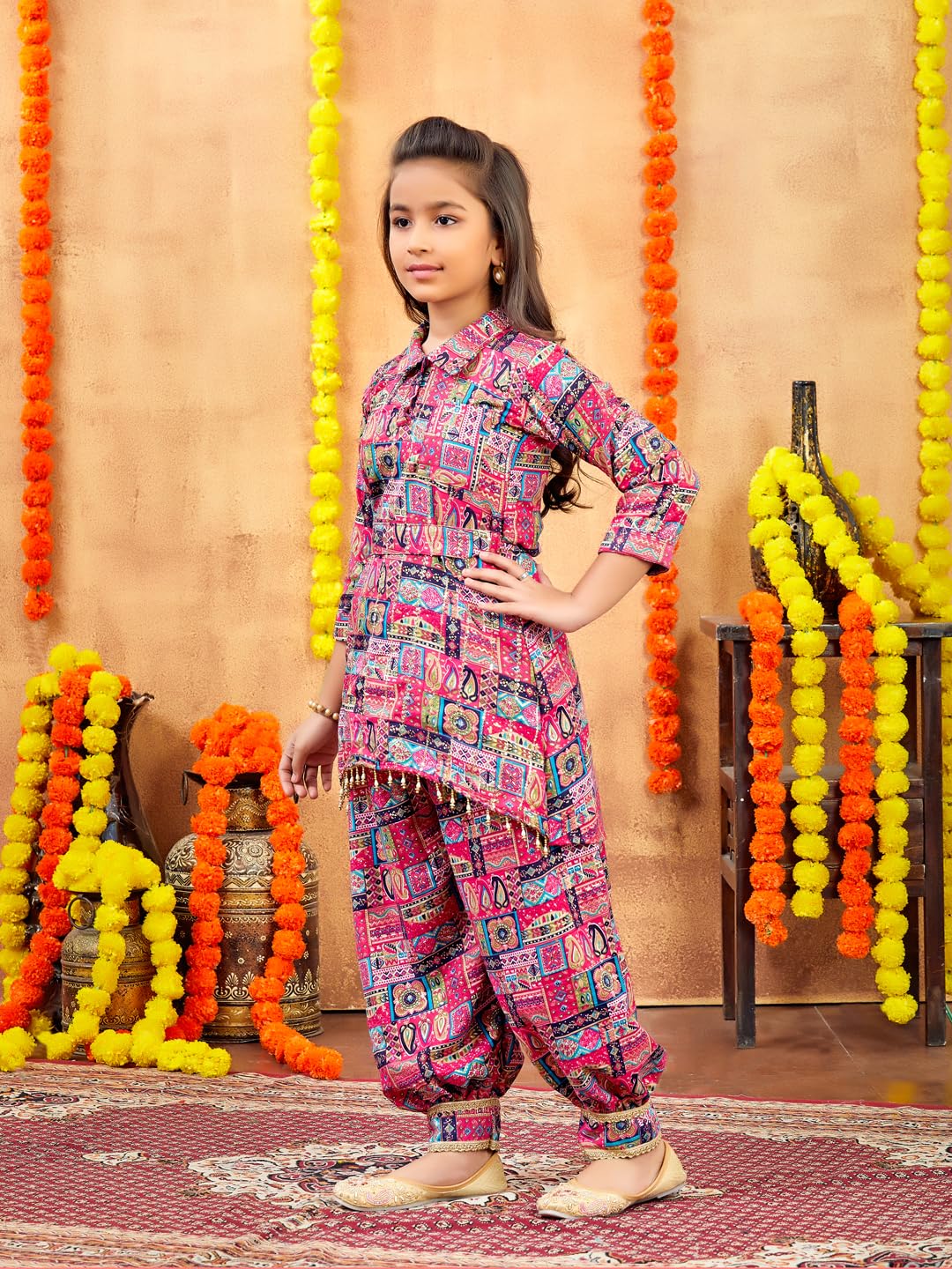 Aarika Girls Ethnic Wear Rani Colour Abstract Printed Cotton Kurti Patiala Set With Belt (4-10 Years)