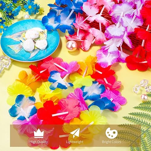 Miniatura 4 de ADXCO 150 piezas surtidas hawaianas Leis collar de flores tropicales, decoraciones de fiesta Luau