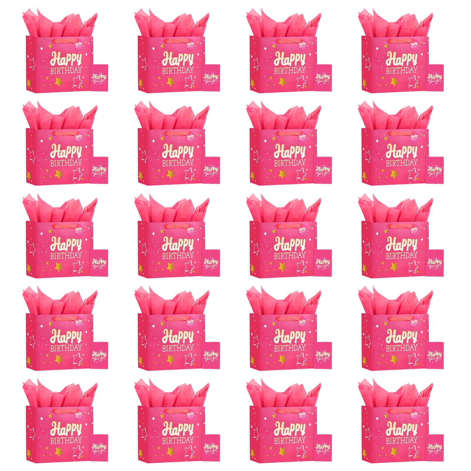 Powbrace 13" Birthday Gift Bag with Tissue Paper &amp; Card(20 Pack Pink Gold)