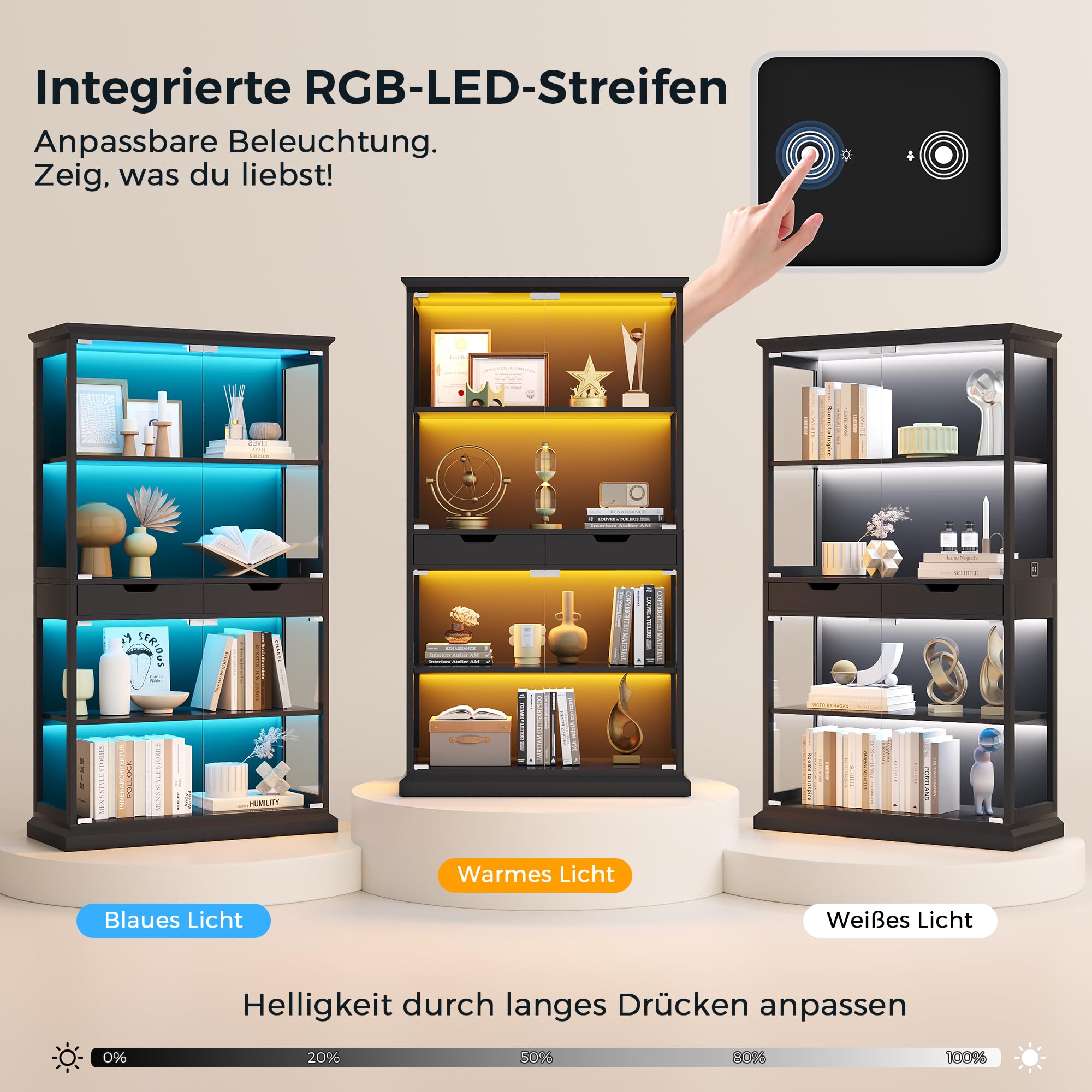 Jocoevol Vitrine mit Glastüren, 174cm Hoch Vitrinenschrank, 4-Lagen Glasvitrine Stehend mit RGB LED Beleuchtung & APP, Sensor, 2 Schubladen, Sammlervitrine für Wohnzimmer, Schwarz