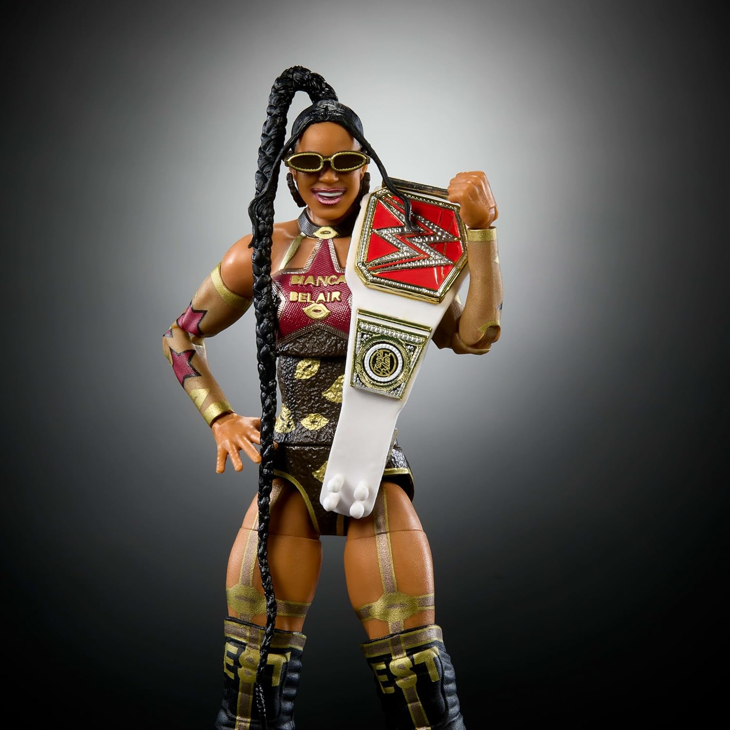 Mattel WWE Elite Collection Action Figure & Accessories, Premium Live Event Bianca Belair Set, Wrestlemania with Howard Finkel Build-A-Figure Parts